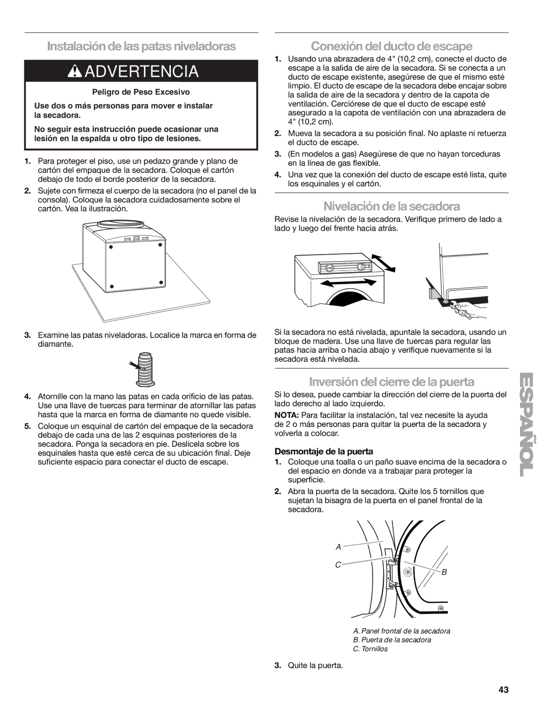 Kenmore 110.8787, 8789 manual Instalación de las patas niveladoras, Conexión del ducto de escape, Nivelación de la secadora 