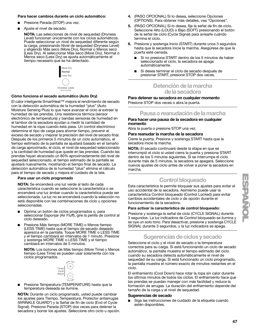 Kenmore 110.8787, 8789 manual Detención de la marcha De la secadora, Pausa o reanudación de la marcha, Control bloqueado 