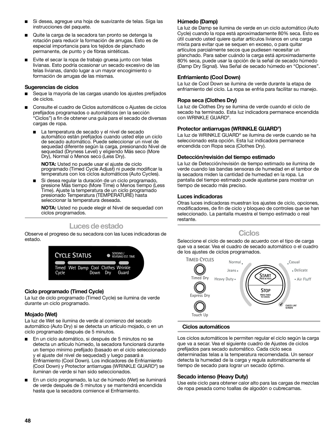 Kenmore 8789, 110.8787 manual Luces de estado, Ciclos 