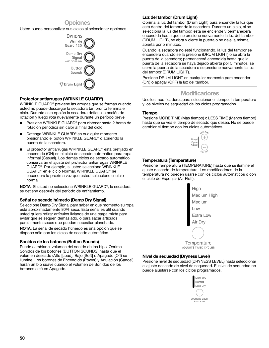 Kenmore 8789, 110.8787 manual Opciones, Modificadores 