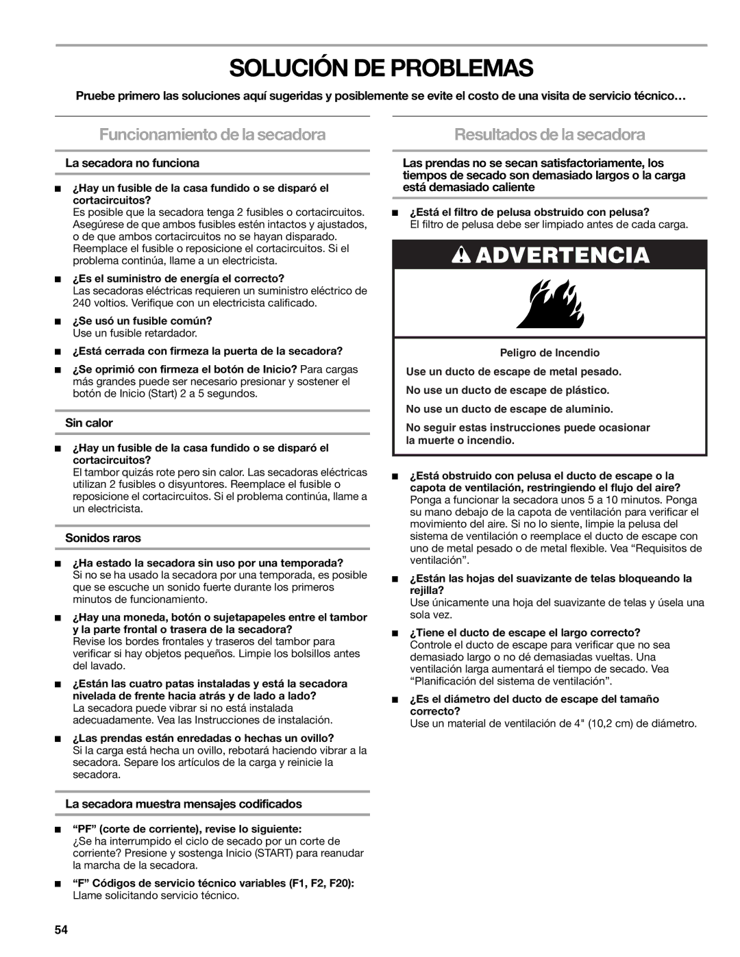 Kenmore 8789, 110.8787 manual Solución DE Problemas, Funcionamiento de la secadora, Resultados de la secadora 