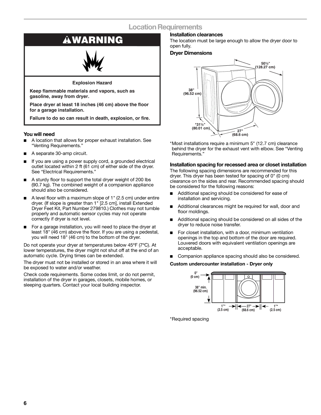 Kenmore 8789, 110.8787 manual Location Requirements, You will need, Installation clearances, Dryer Dimensions 