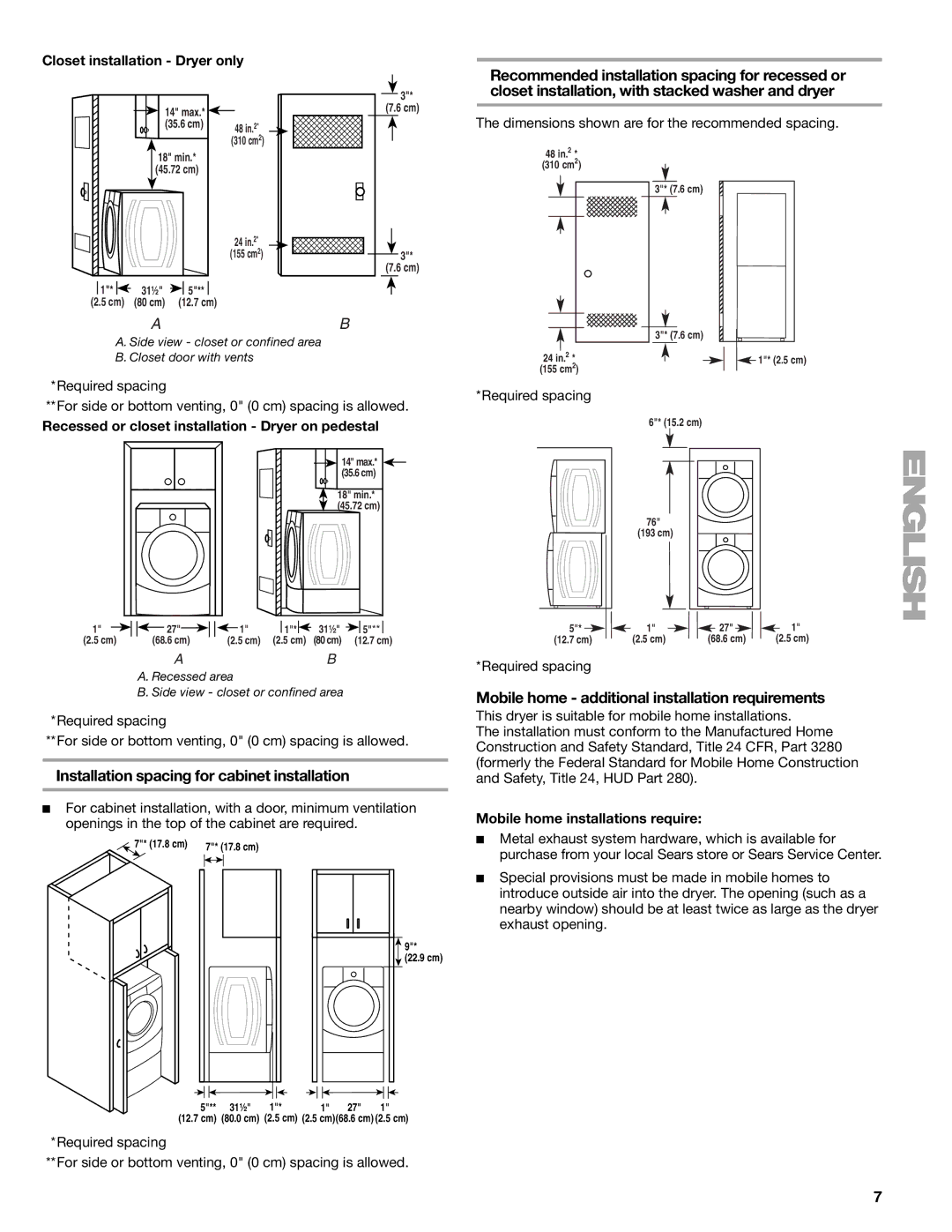 Kenmore 110.8787, 8789 Installation spacing for cabinet installation, Mobile home additional installation requirements 