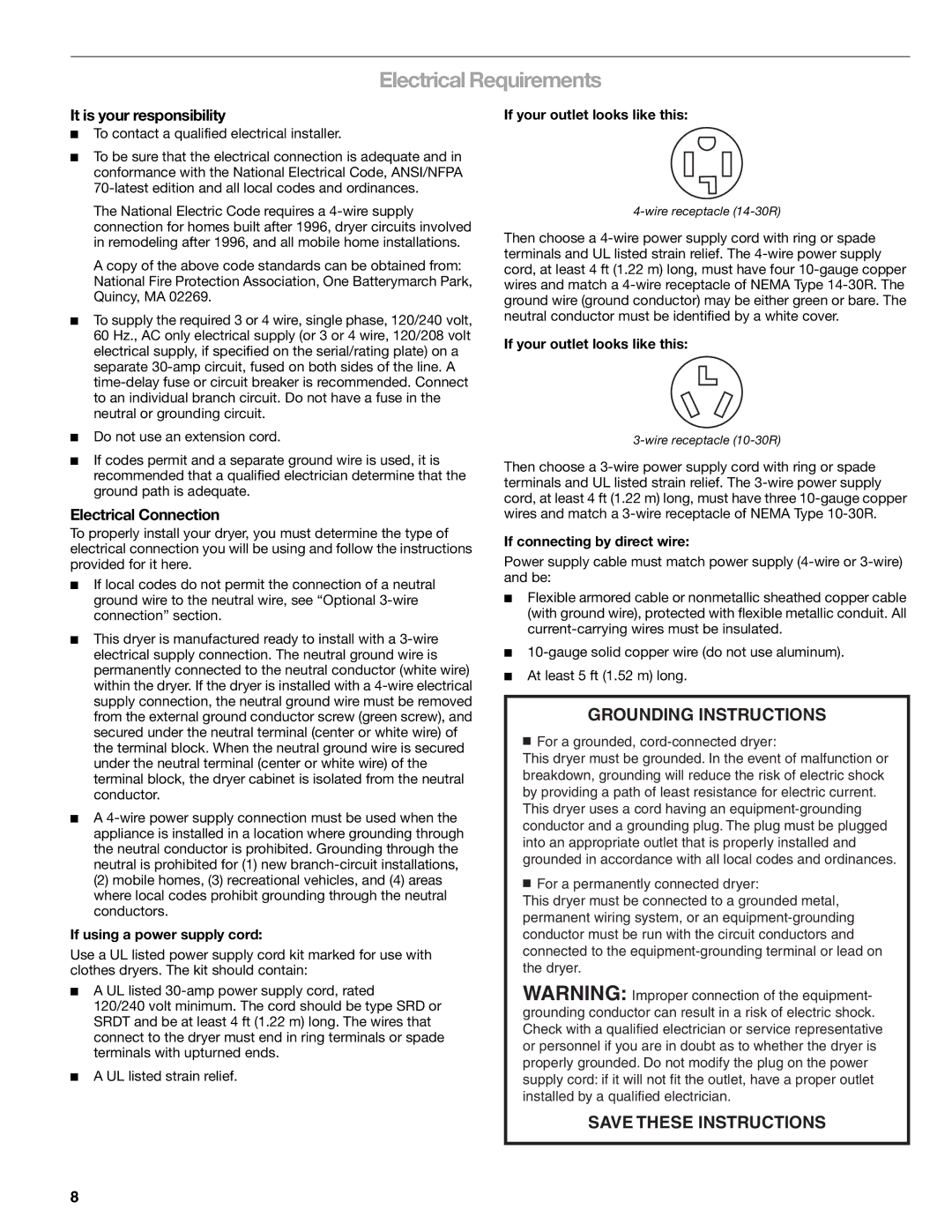 Kenmore 8789, 110.8787 manual Electrical Requirements, It is your responsibility, Electrical Connection 