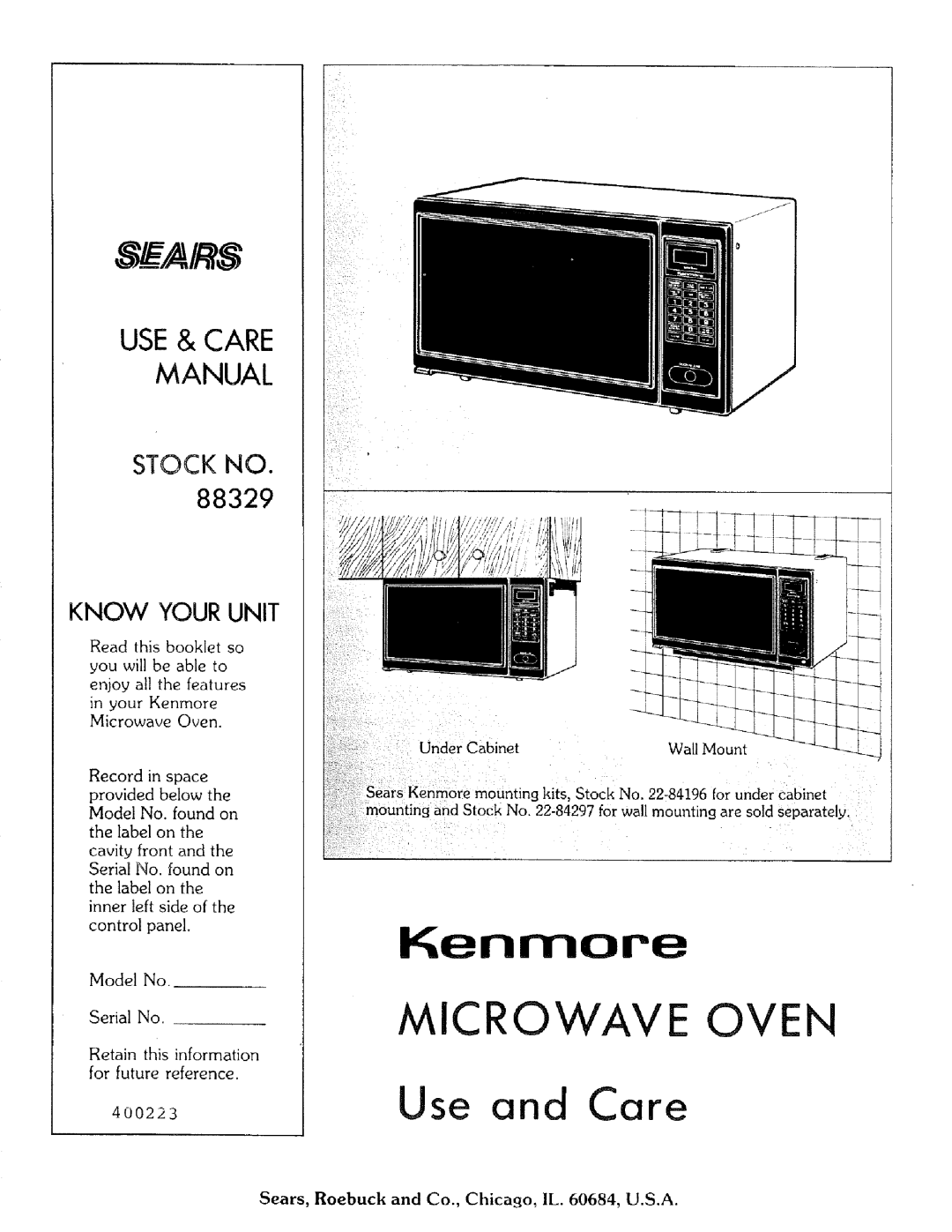 Kenmore 88329 manual USE& Care Manual, Sears, Roebuck and Co., Chicago, IL 60684, U.S.A 