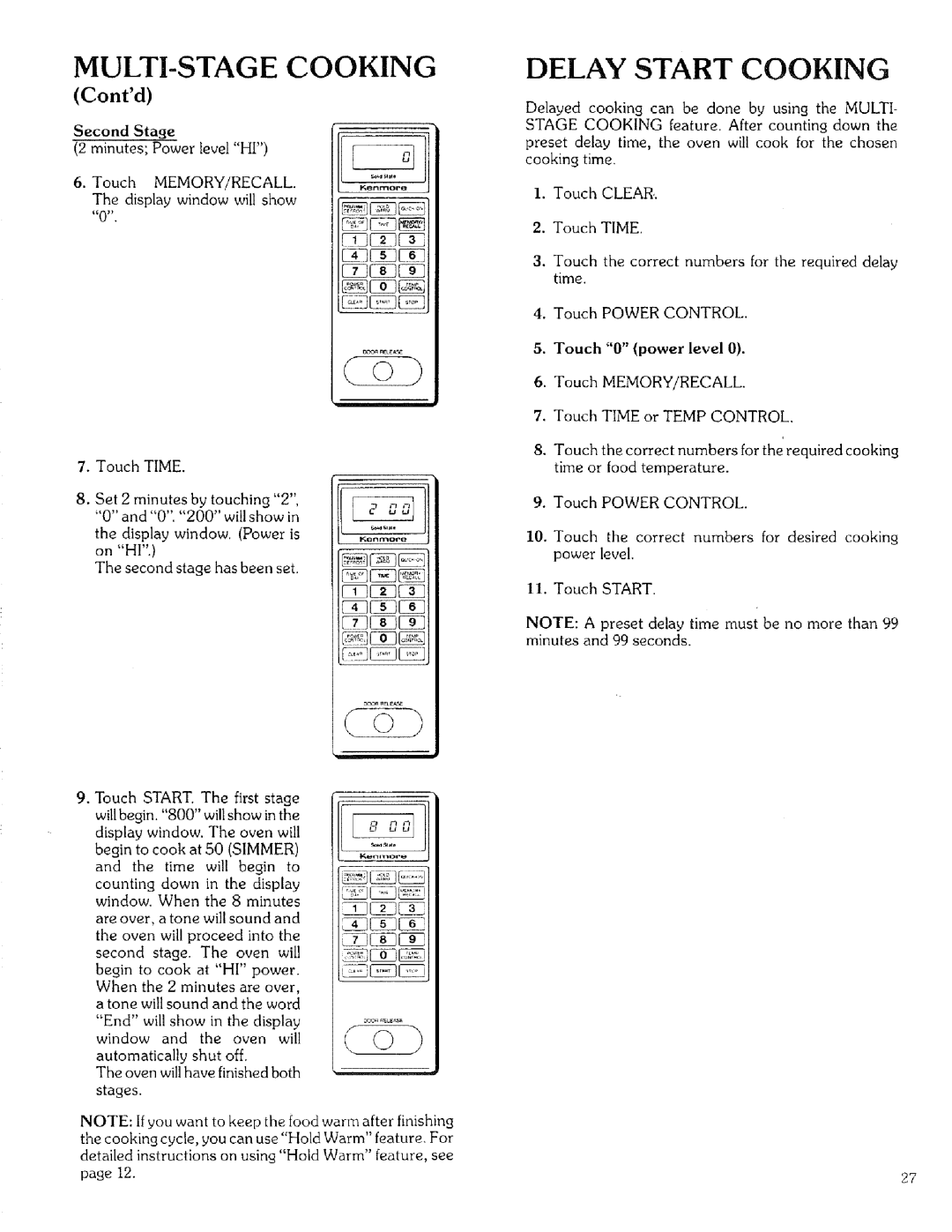 Kenmore 88329 manual Memory/Recall, Touch 0 power level 