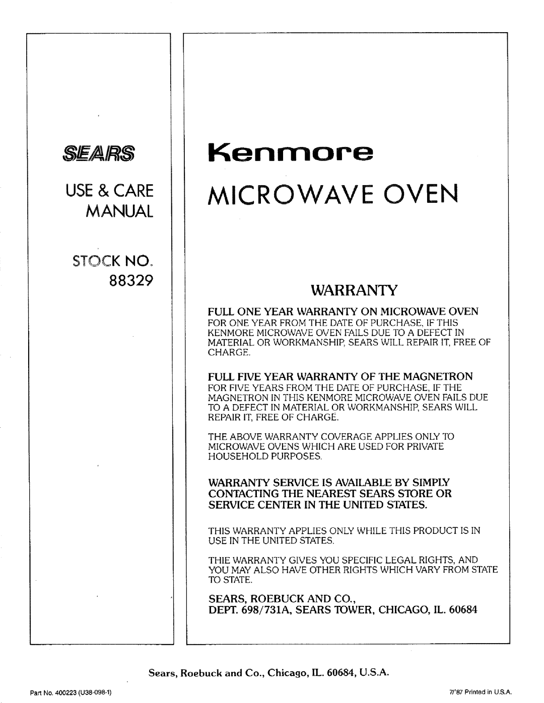 Kenmore 88329 manual Full ONE Year Warranty on Microwave Oven, Full Five Year Warranty of the Magnetron 