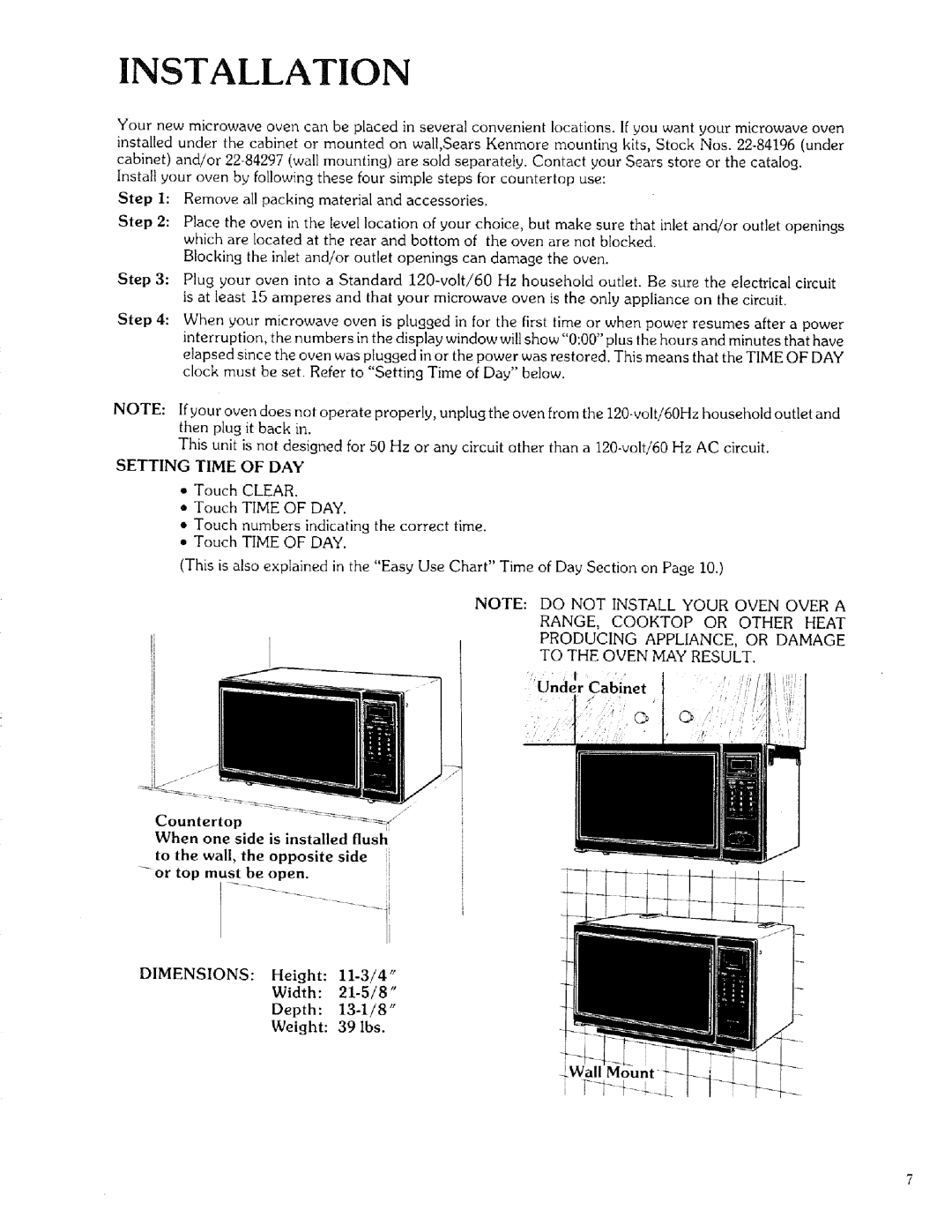 Kenmore 88329 manual Installation, Time of DAY, Setting Time DAY 