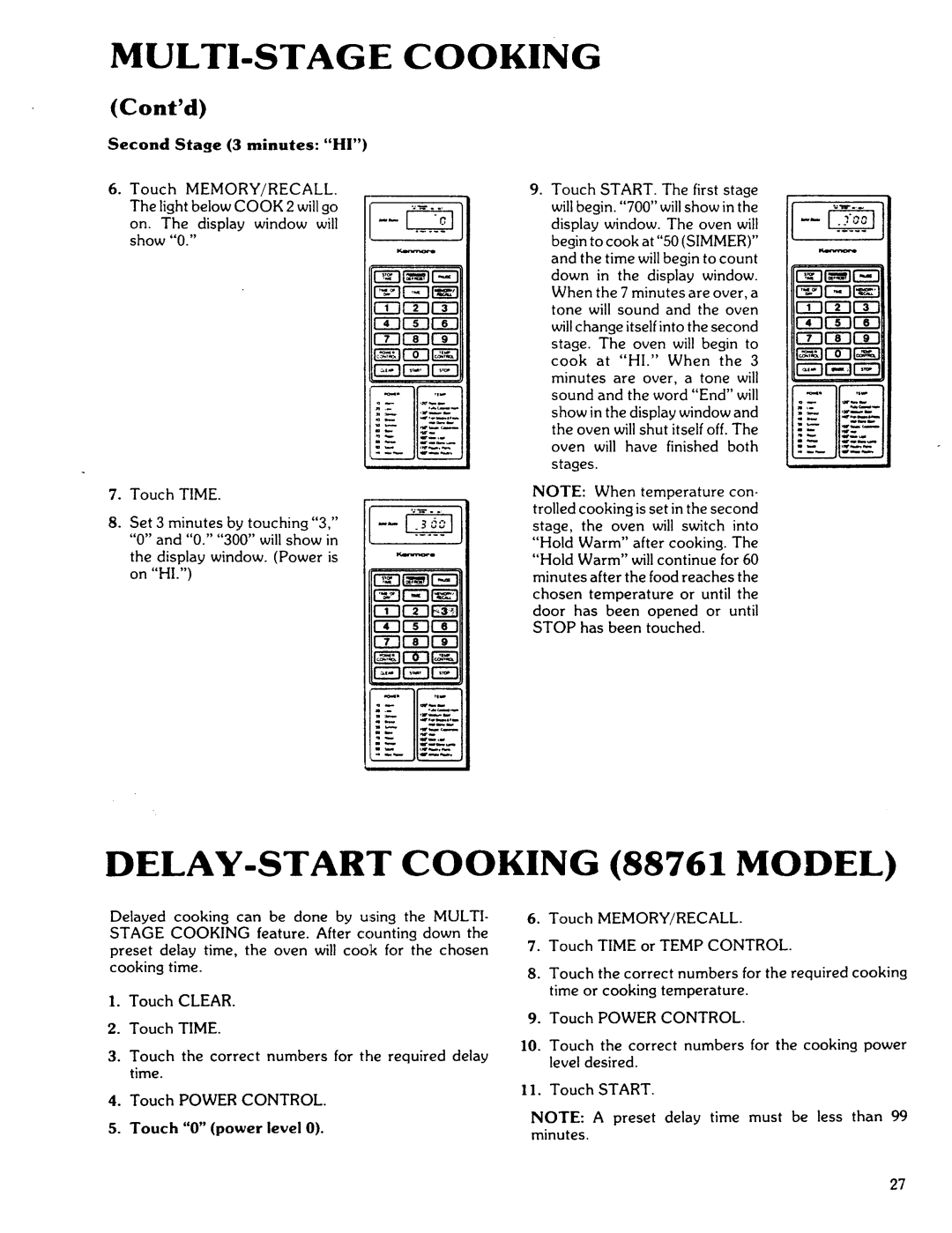 Kenmore 88762, 88761 manual MULTI-STAGE Cooking, Touch 0 power level 