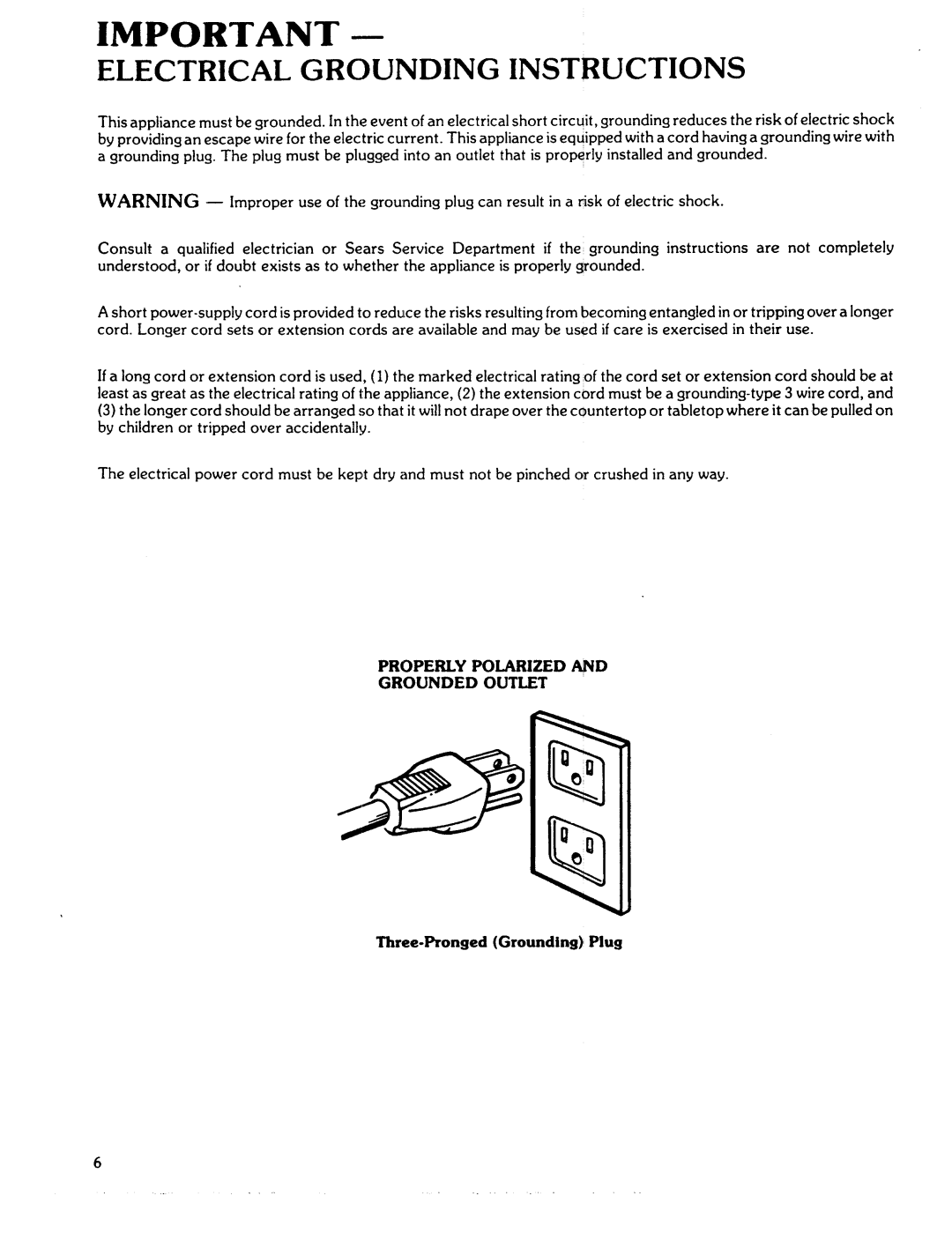 Kenmore 88761, 88762 manual Electrical Grounding Instructions, Three-Pronged Groundingi Plug 