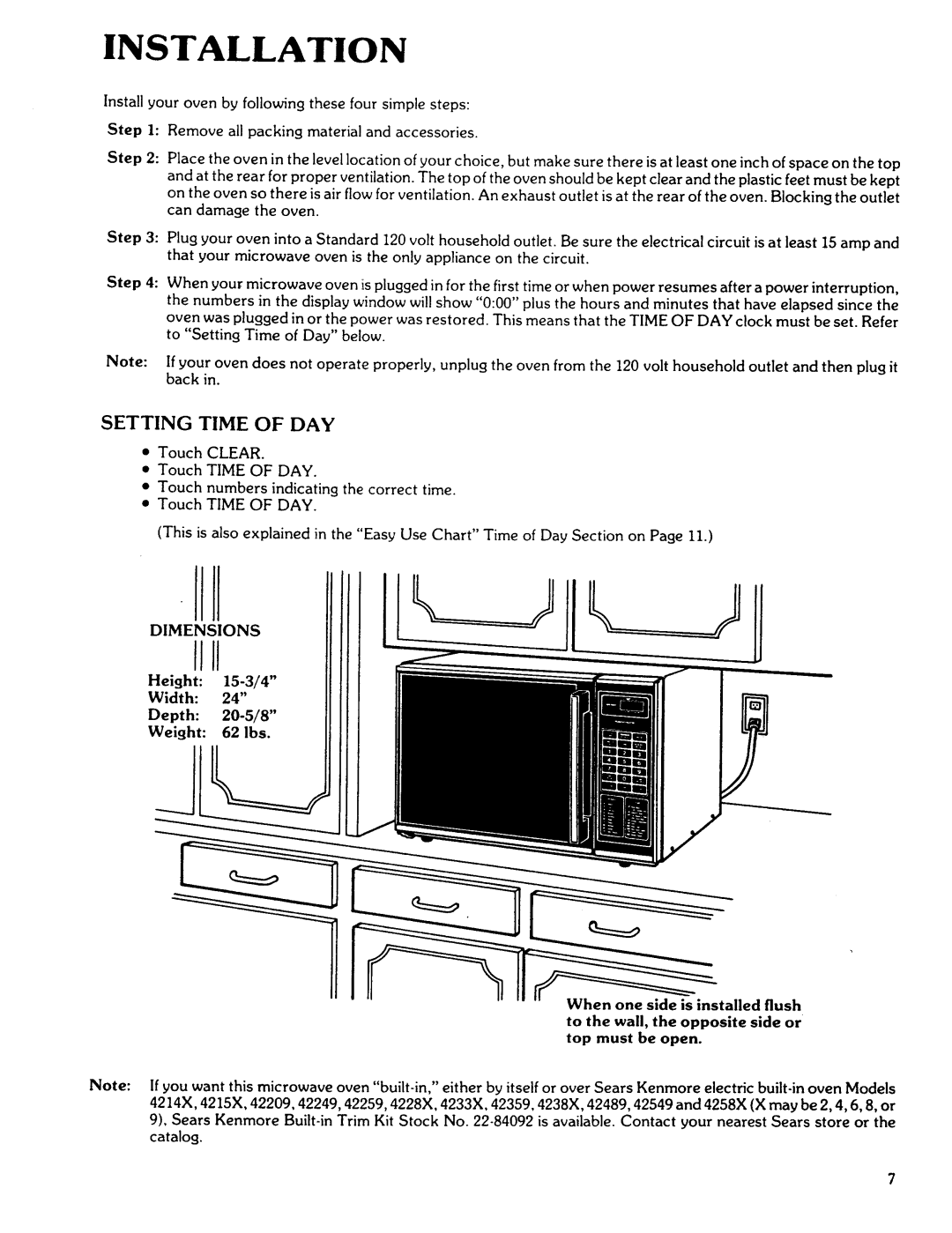 Kenmore 88762, 88761 manual Setting Time of DAY, Dimensions, Height 15-3/4 Width Depth 20-5/8 Weight 62 Ibs 