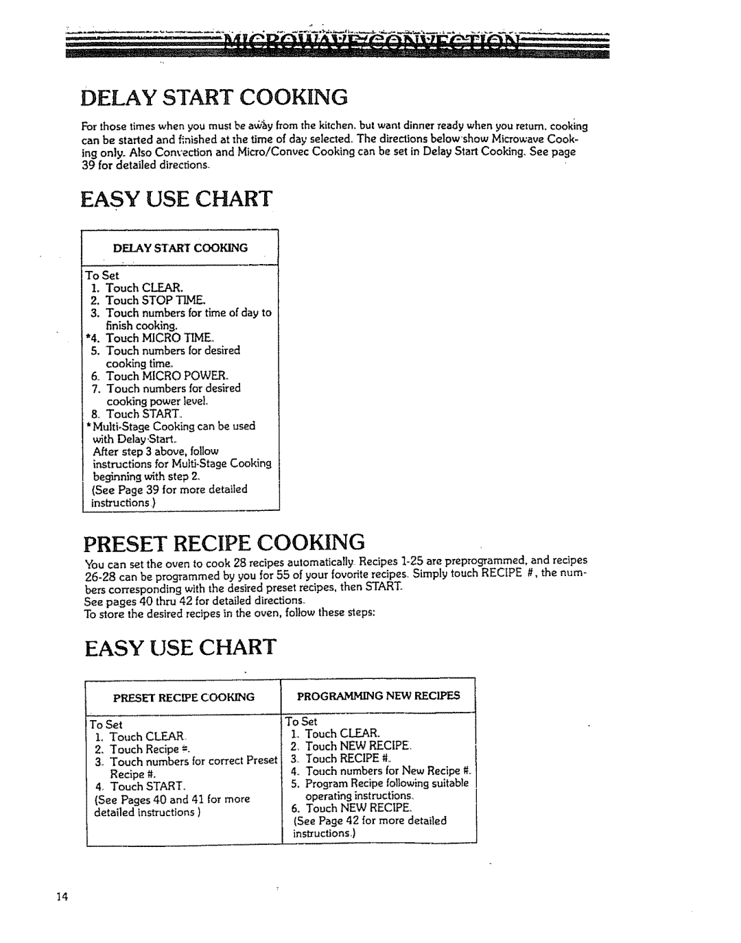 Kenmore 88963 manual Delay Start Cooking, Easy USE Chart, Preset Recipe Cooking, Finish cooking, To Set 