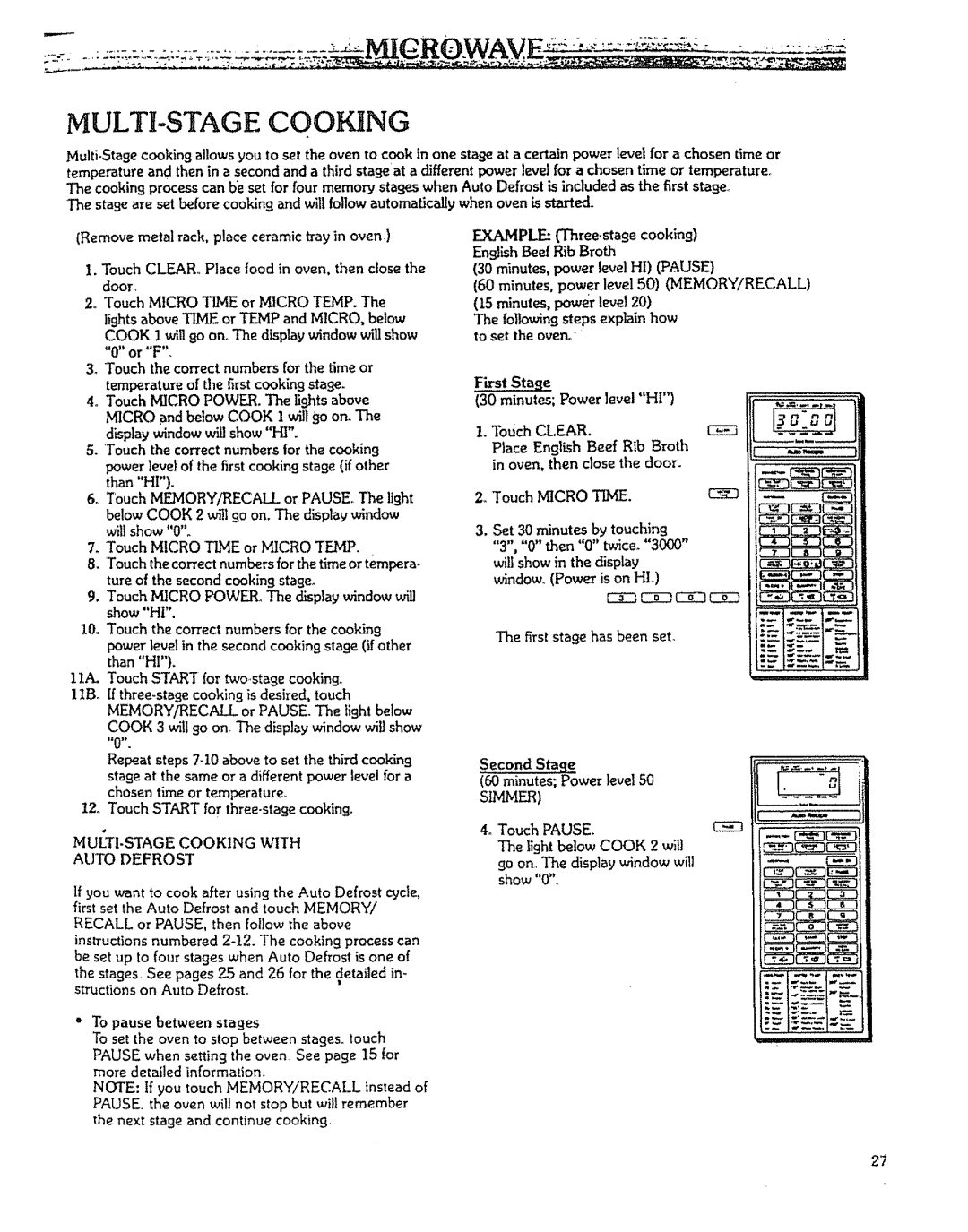 Kenmore 88963 manual To set the over First Stae Minutes Power level HI, MUITI.STAGE Cooking with Auto Defrost, CEIZ3 