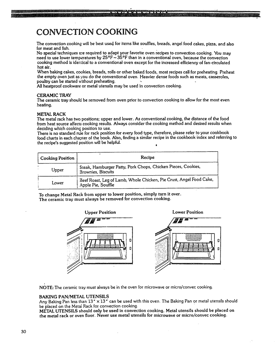 Kenmore 88963 manual Convection Cooking, Poultry can be started ithout preheating, Upper, Lower Position 