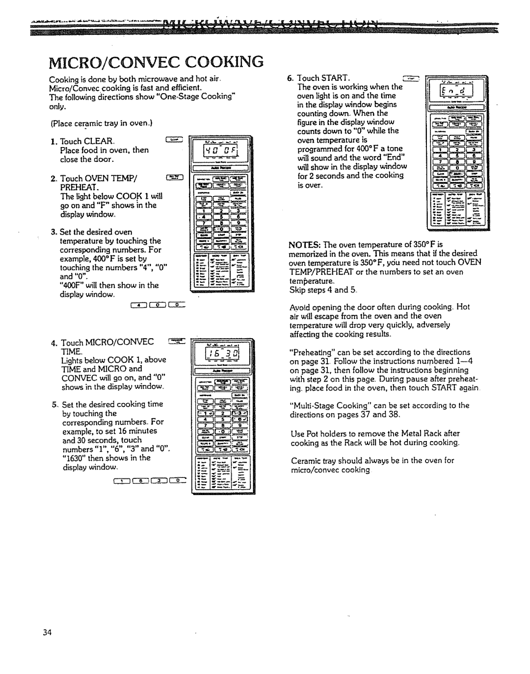 Kenmore 88963 manual MICRO/CONVEC Cooking, Preheat, Oven temperature is 350F, y6u need not touch Oven, Temlberature 