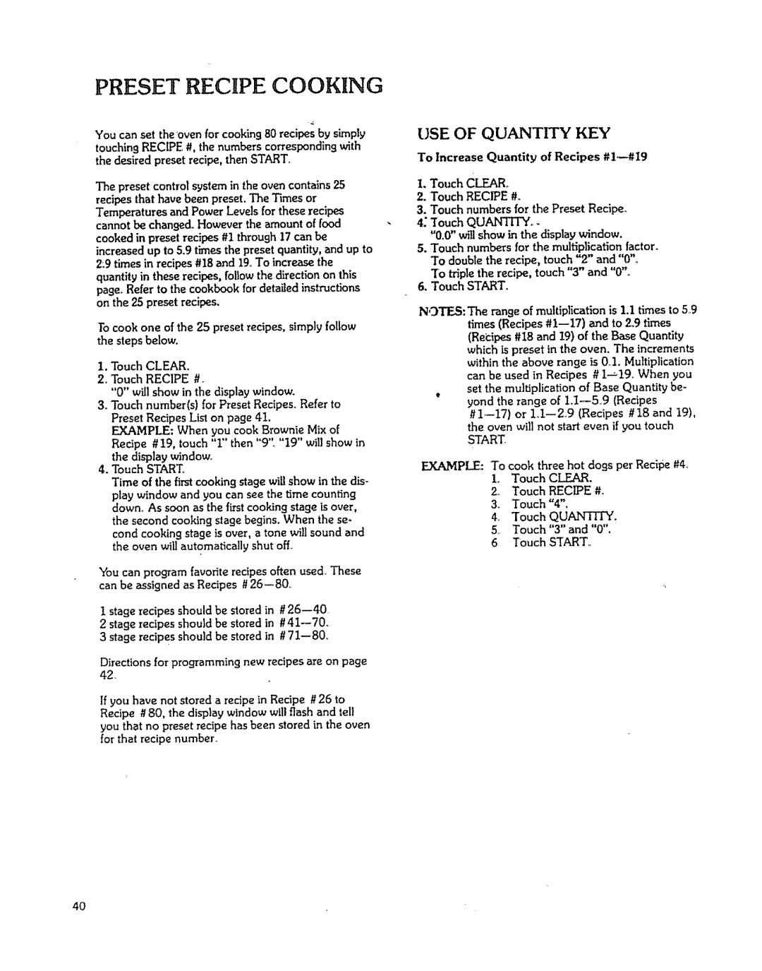 Kenmore 88963 manual Preset controlsystem in the oven contains25, To Increase Quantity of Recipes #1--#I9, Touch Clear 