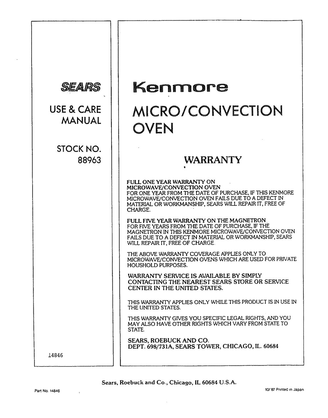 Kenmore manual 88963WARRANTY, Material or WORKMANSHIP, Sears will Repair IT, Free Chge, State 