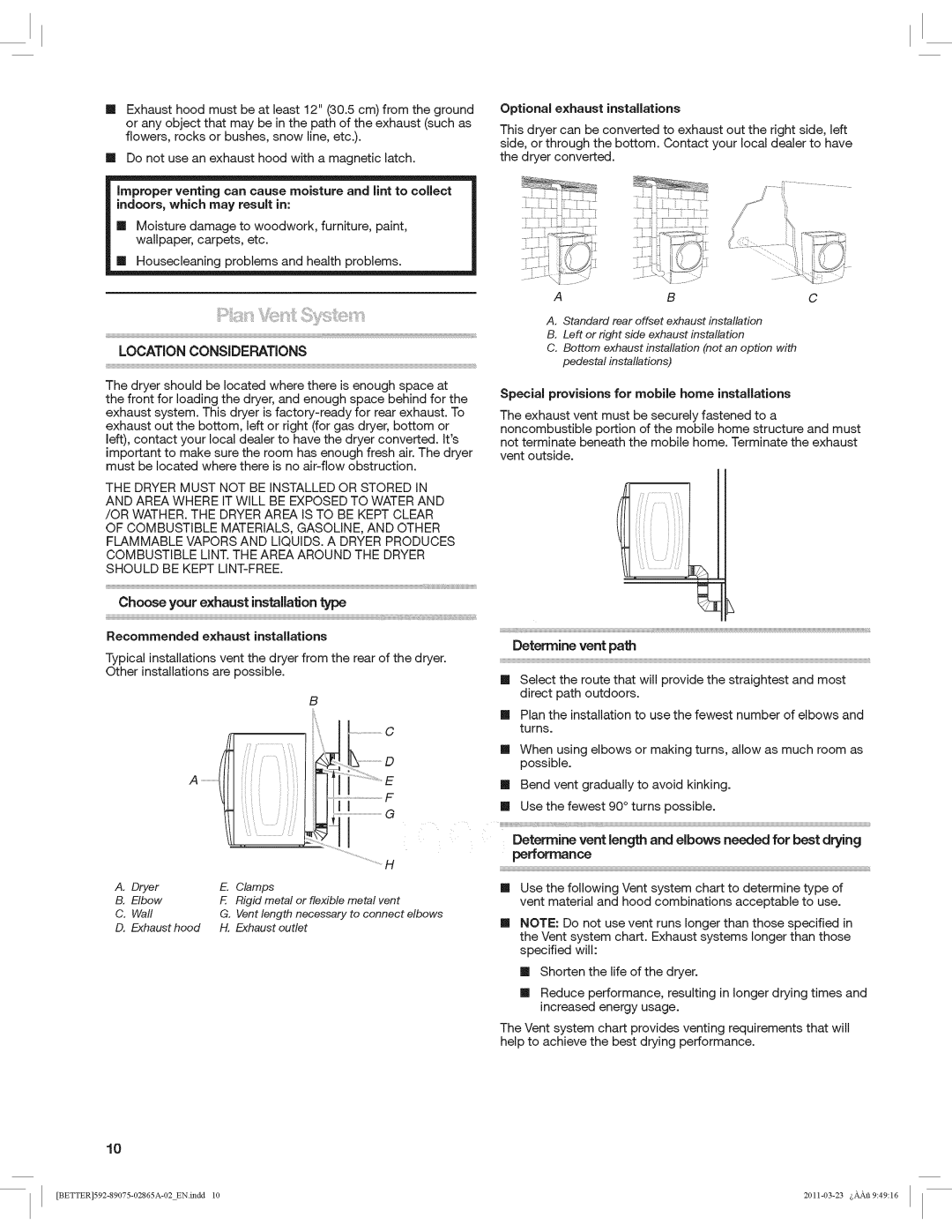 Kenmore 8907 LOCATIONCONSiDERATiONS, Special provisions for mobile home installations, Optional exhaust installations 