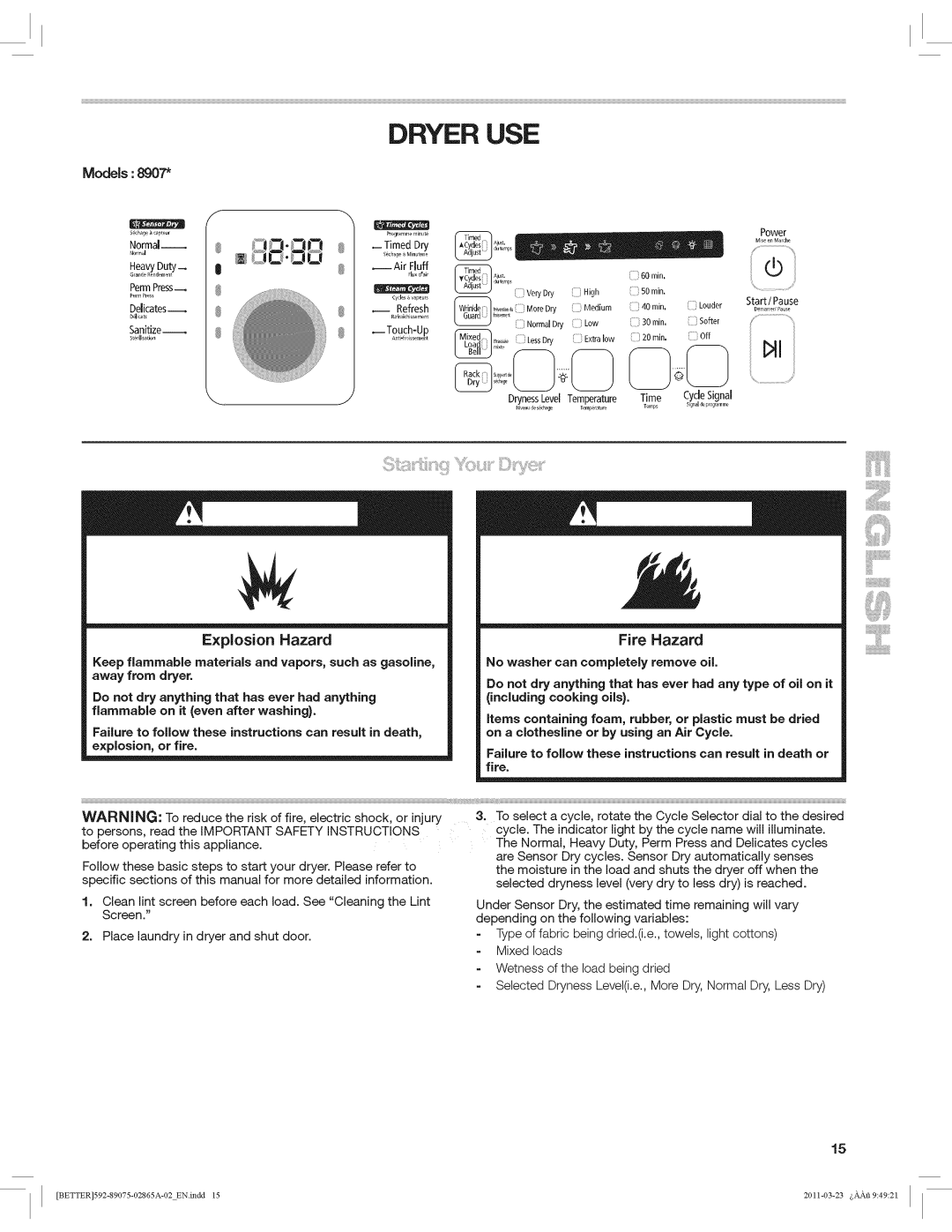 Kenmore 8907 manual Dryer USE, Models, Fire Hazard 