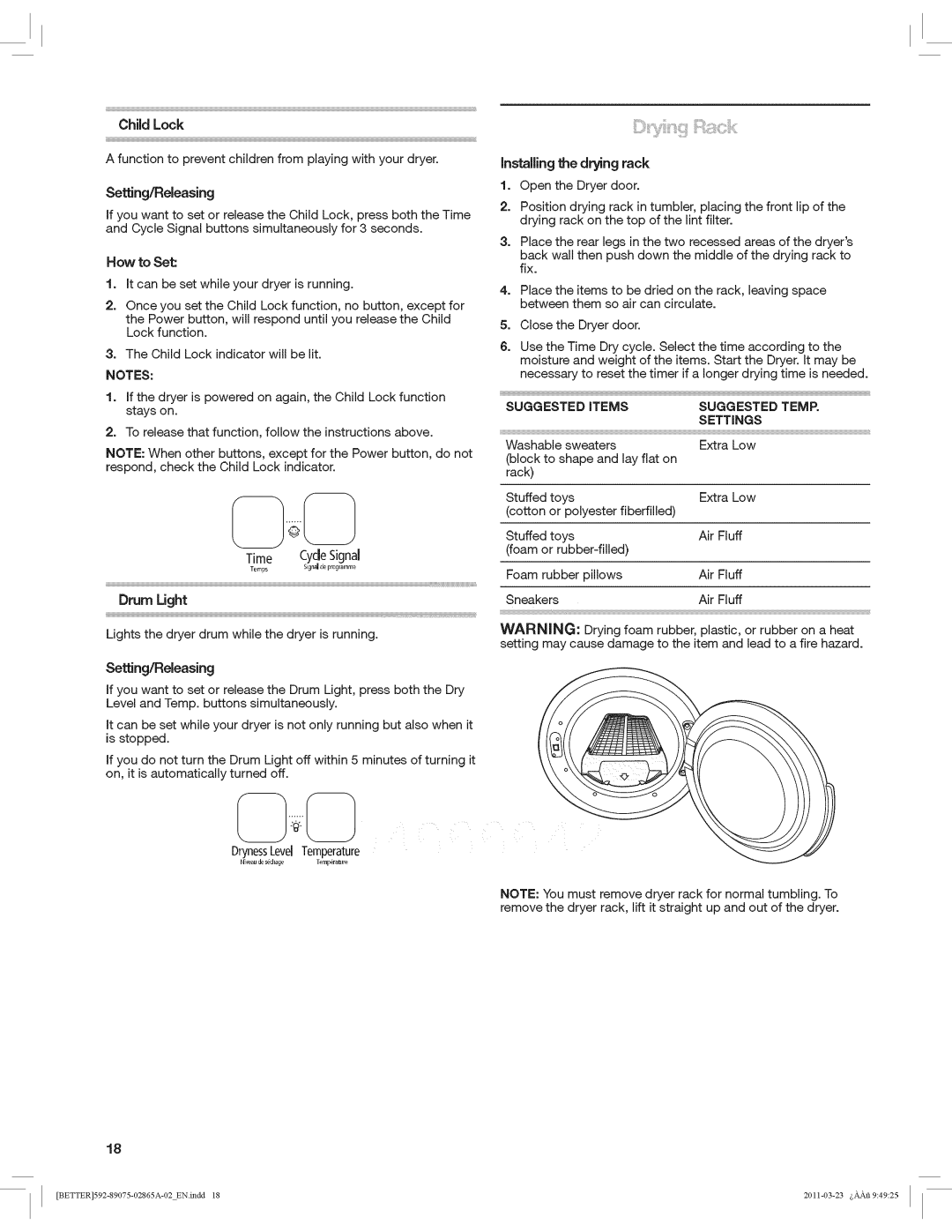 Kenmore 8907 manual Installingthe drying rack, How to Set, Close the Dryer door, Setting/Releasing 