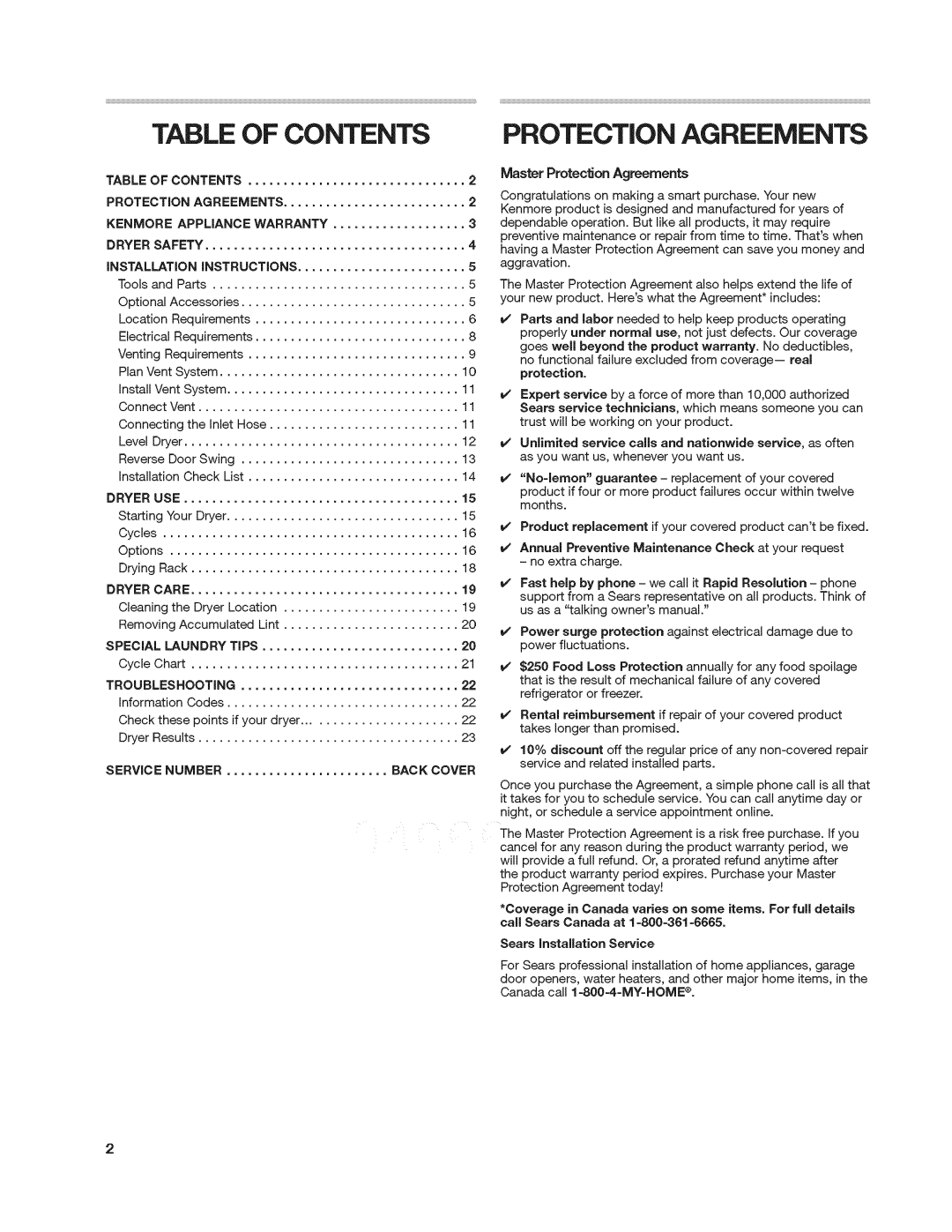 Kenmore 8907 manual Table of Contents Protection Agreements 