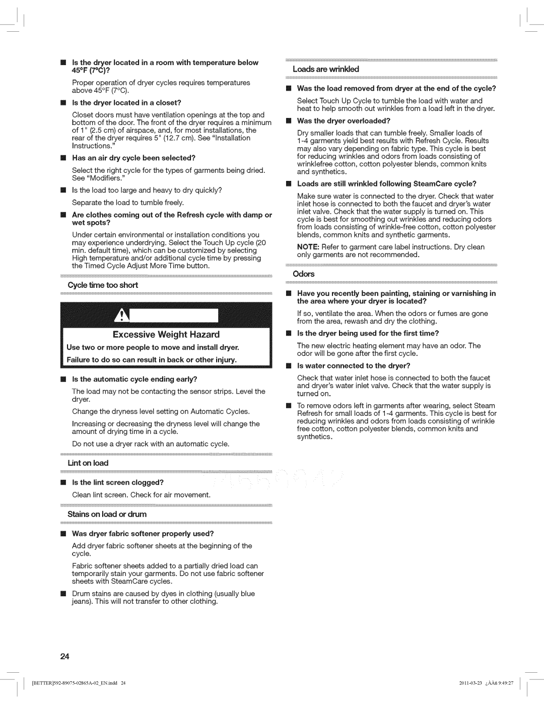 Kenmore 8907 manual Loadsare wrinkled 