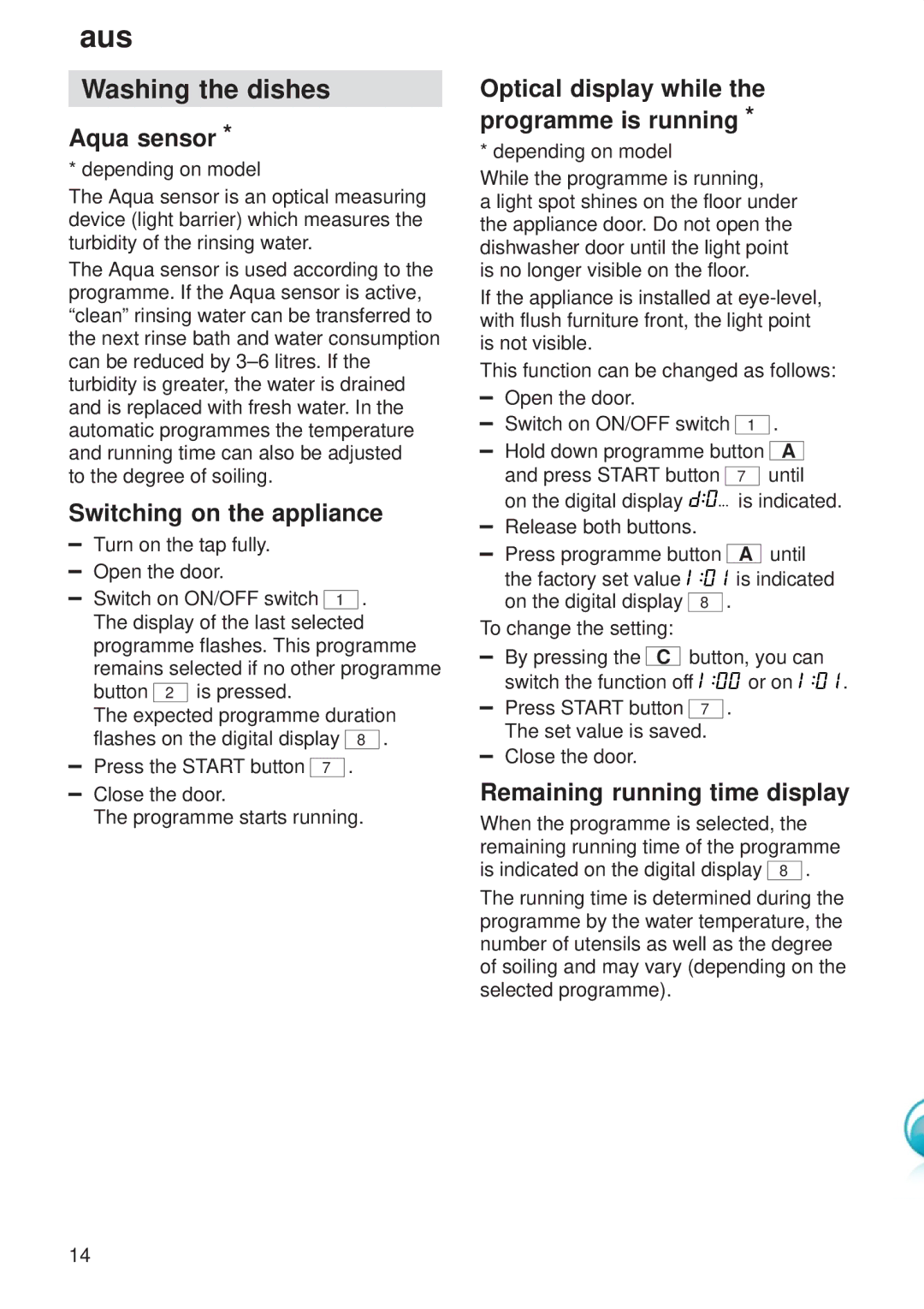 Kenmore 9000416647(8811) manual Washing the dishes, Aqua sensor, Switching on the appliance, Remaining running time display 