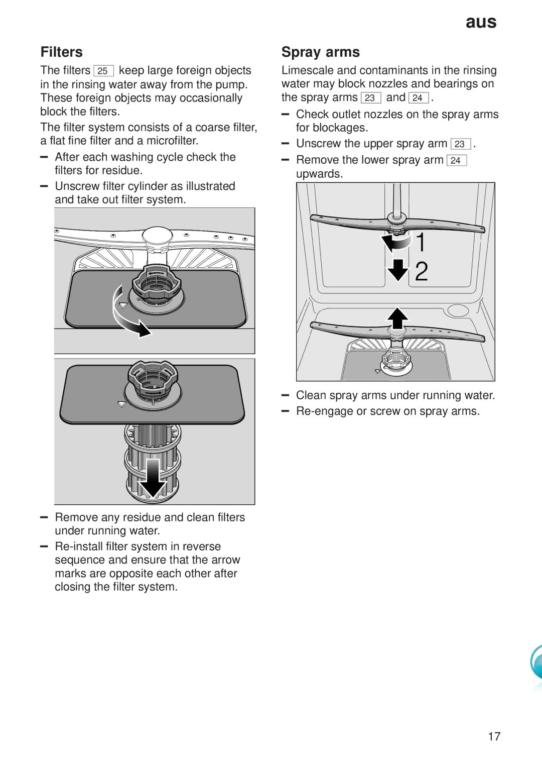 Kenmore 9000416647(8811) manual Filters, Spray arms 