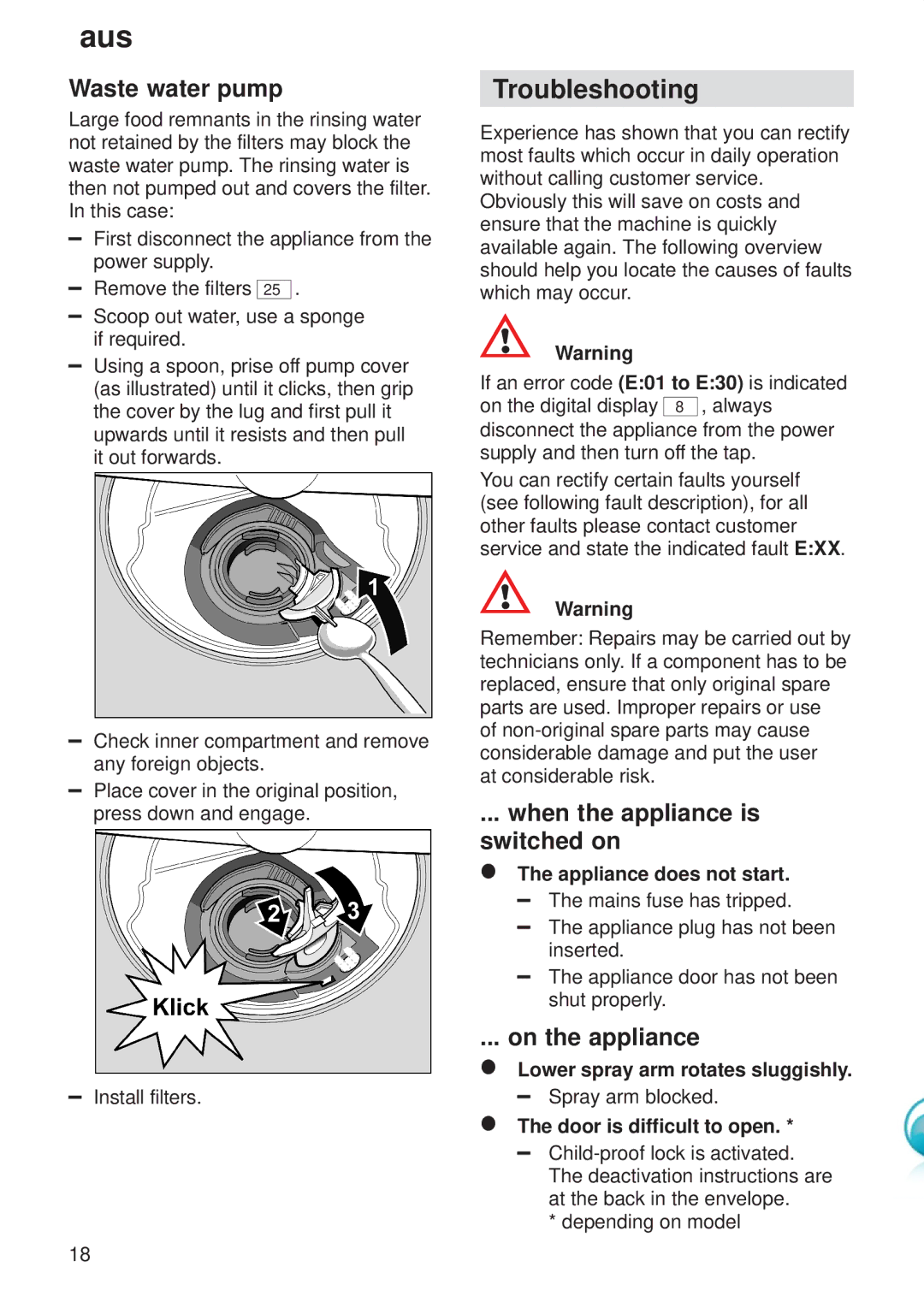 Kenmore 9000416647(8811) manual Troubleshooting, Waste water pump, When the appliance is switched on, On the appliance 