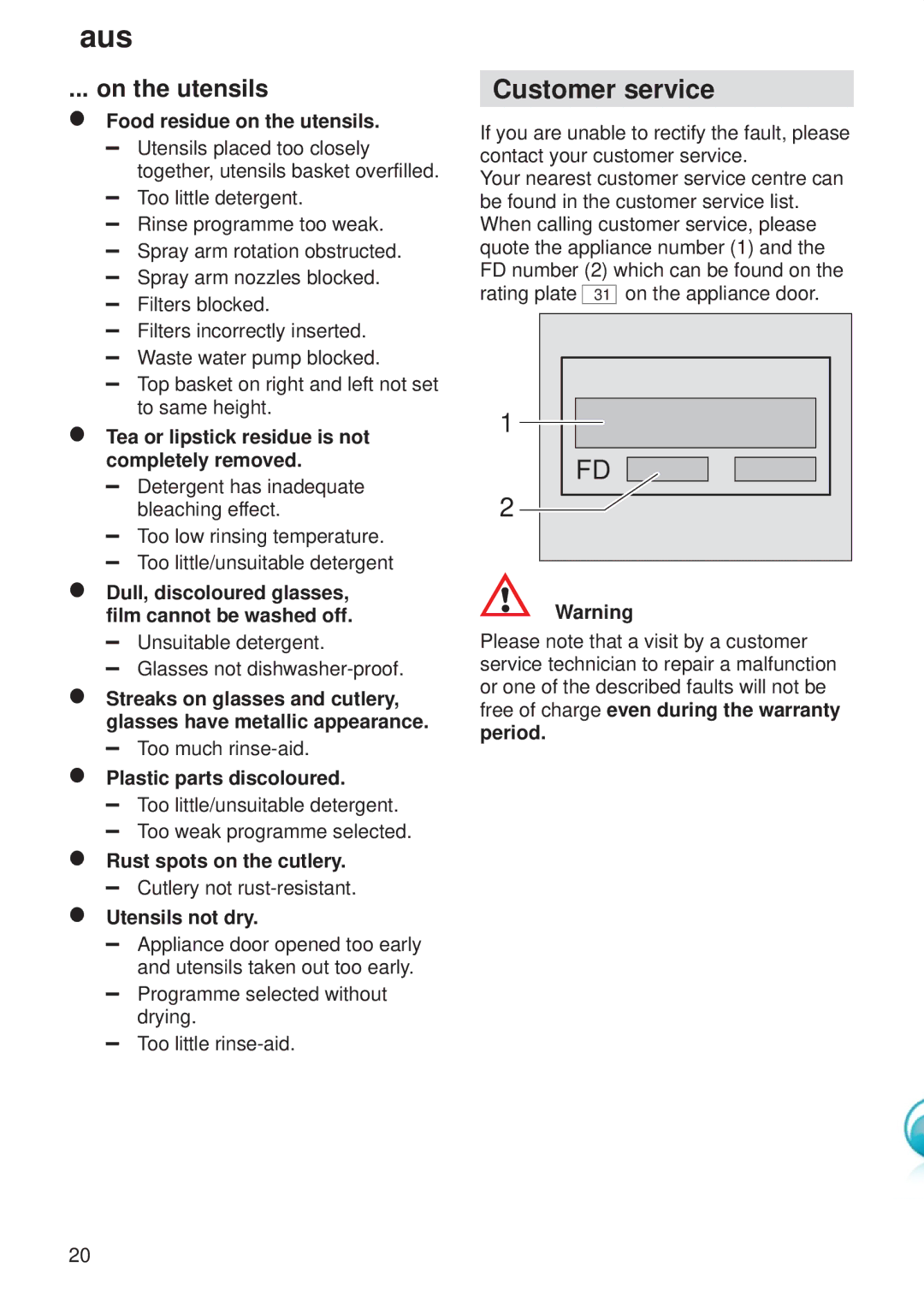 Kenmore 9000416647(8811) manual Customer service, On the utensils 