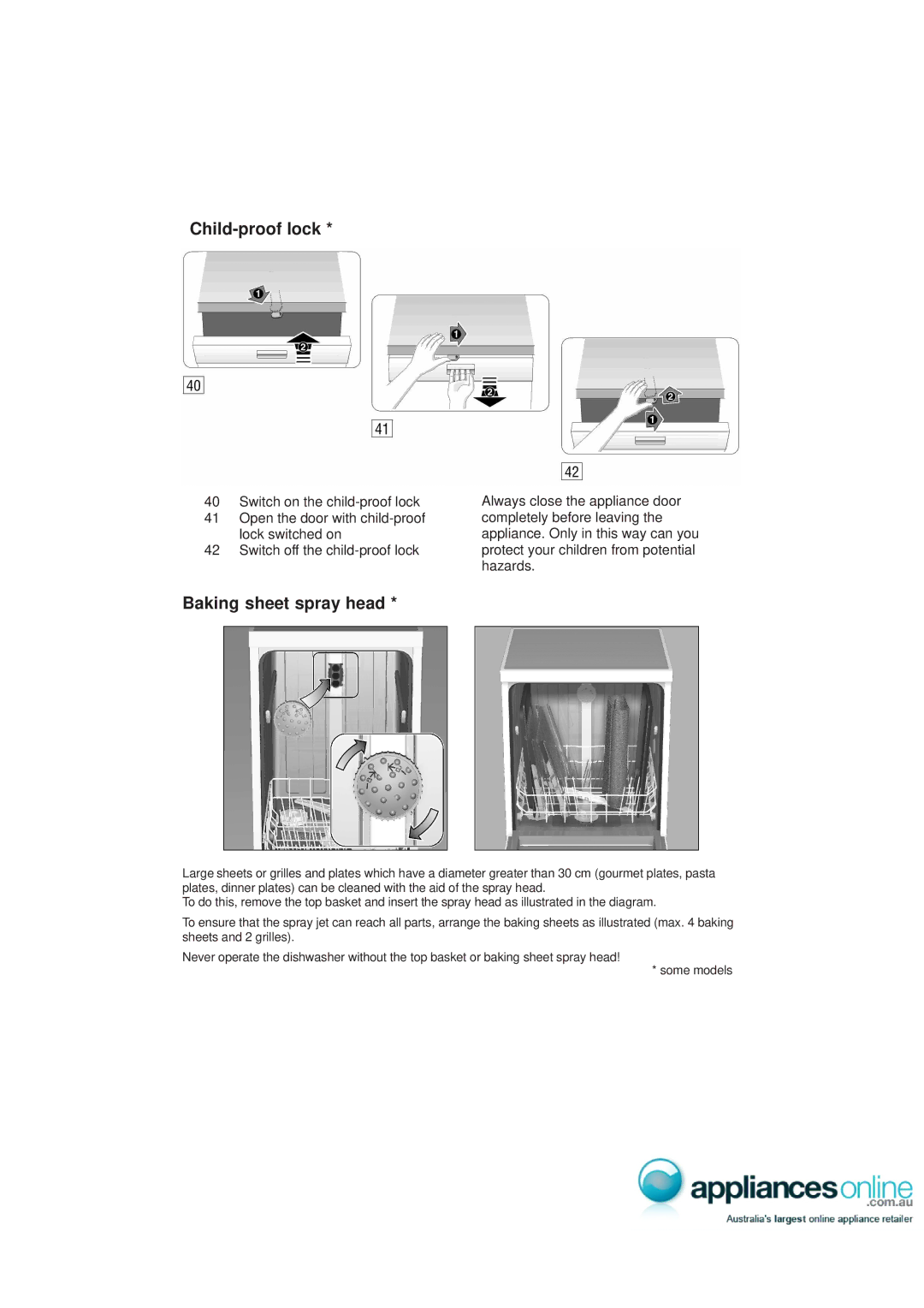 Kenmore 9000416647(8811) manual Child-proof lock, Baking sheet spray head 