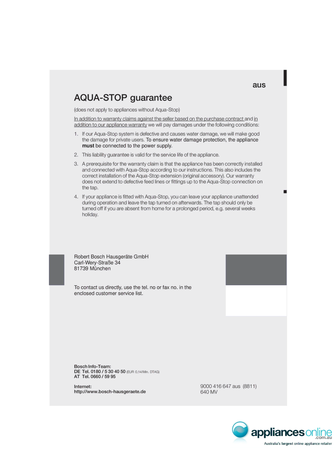 Kenmore 9000416647(8811) manual AQUA*STOP guarantee 