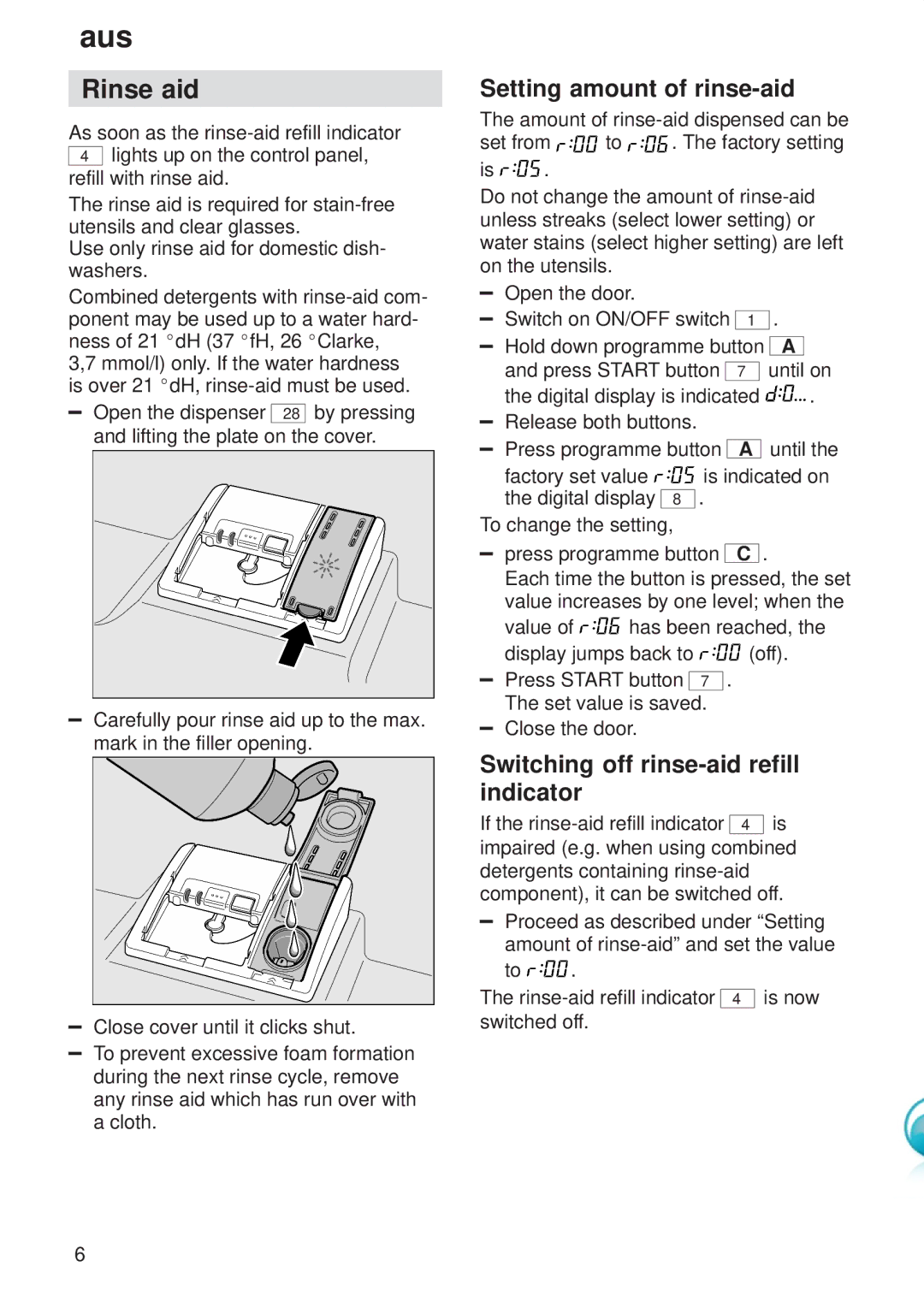 Kenmore 9000416647(8811) manual Rinse aid, Setting amount of rinse-aid, Switching off rinse-aid refill indicator 