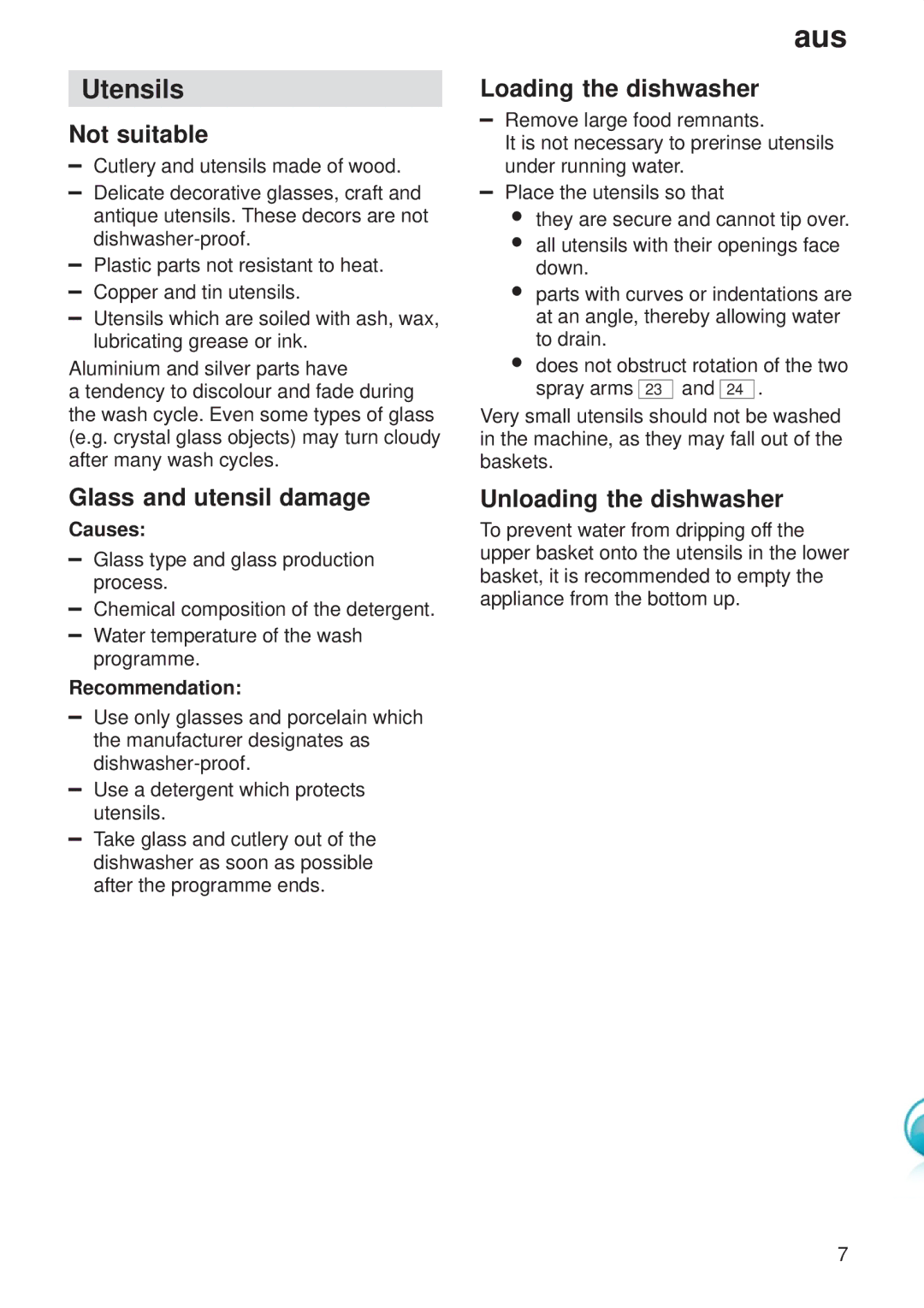 Kenmore 9000416647(8811) manual Utensils, Not suitable, Glass and utensil damage, Loading the dishwasher 