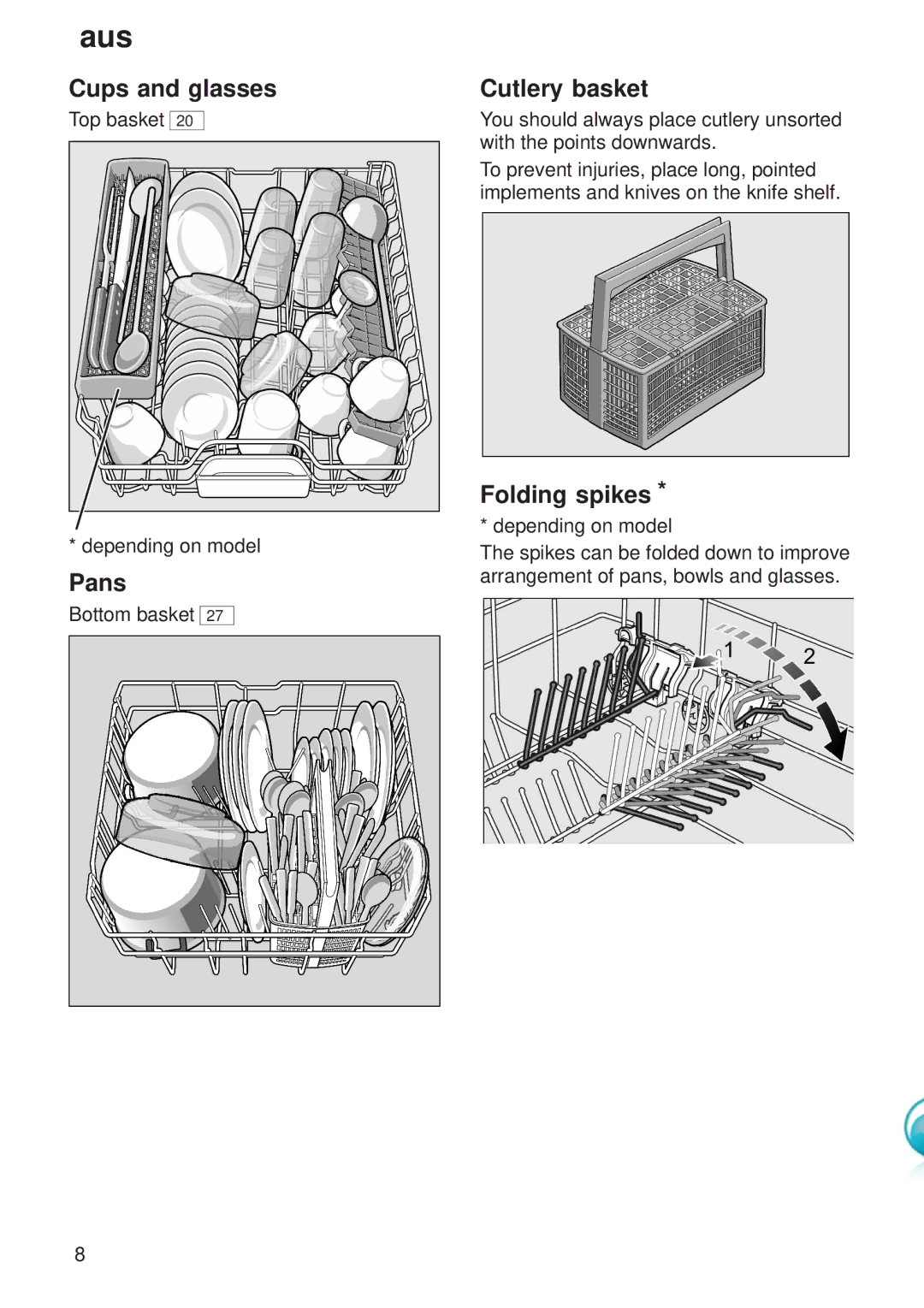 Kenmore 9000416647(8811) manual Cups and glasses, Pans, Cutlery basket, Folding spikes 