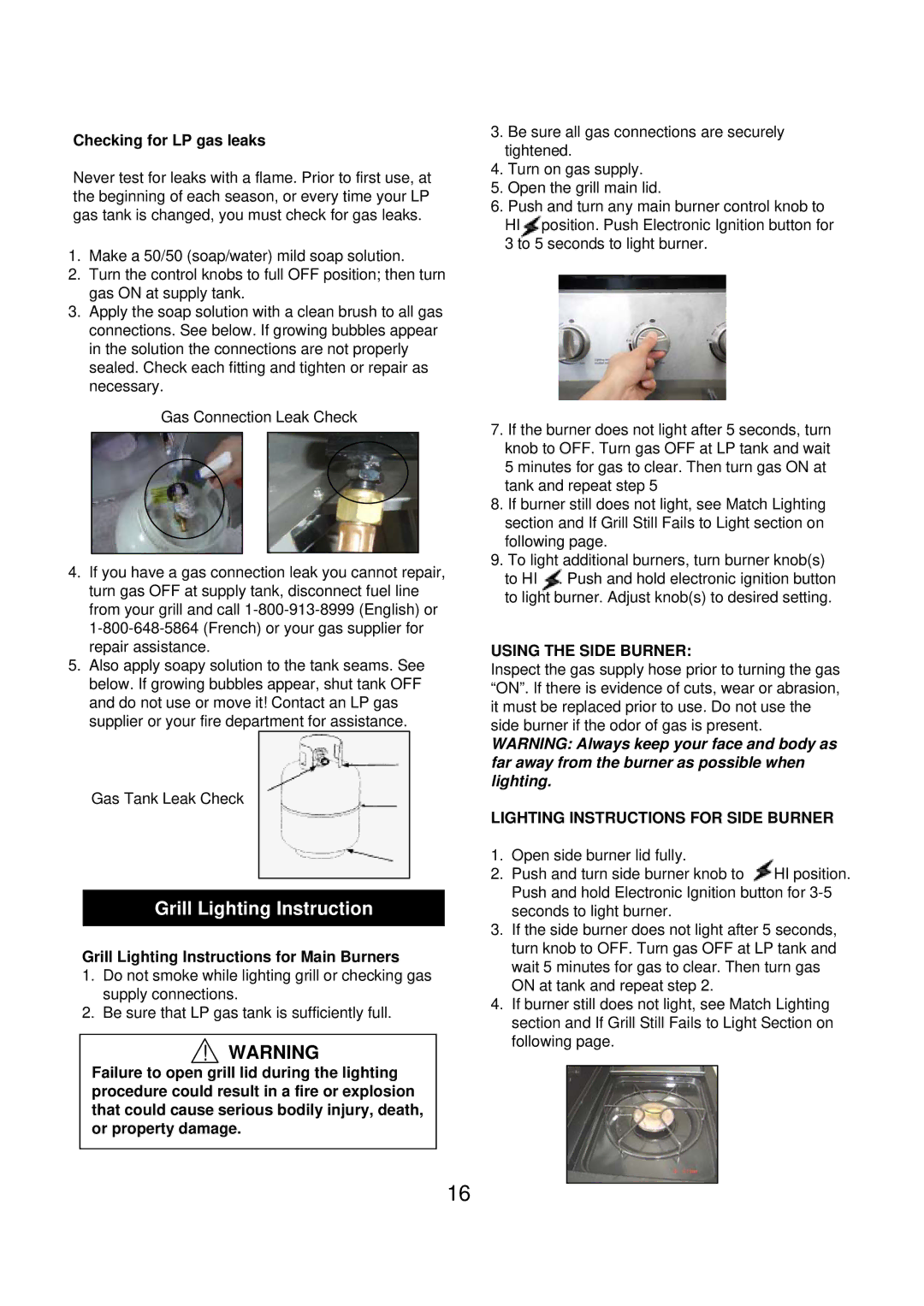 Kenmore 90109 manual Checking for LP gas leaks, Grill Lighting Instructions for Main Burners 