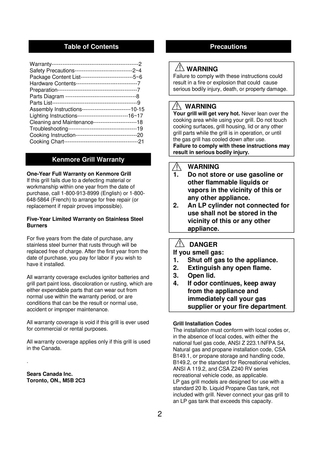 Kenmore 90109 manual Table of Contents, Kenmore Grill Warranty, Precautions 