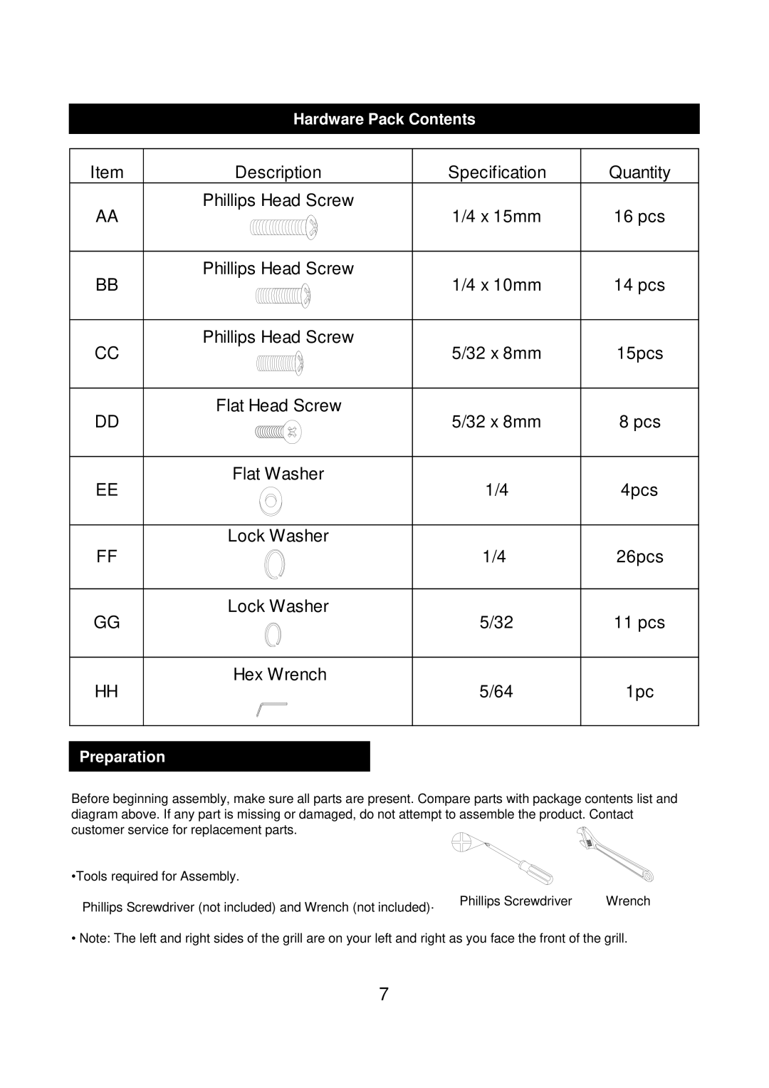 Kenmore 90109 manual Hardware Pack Contents, Preparation 