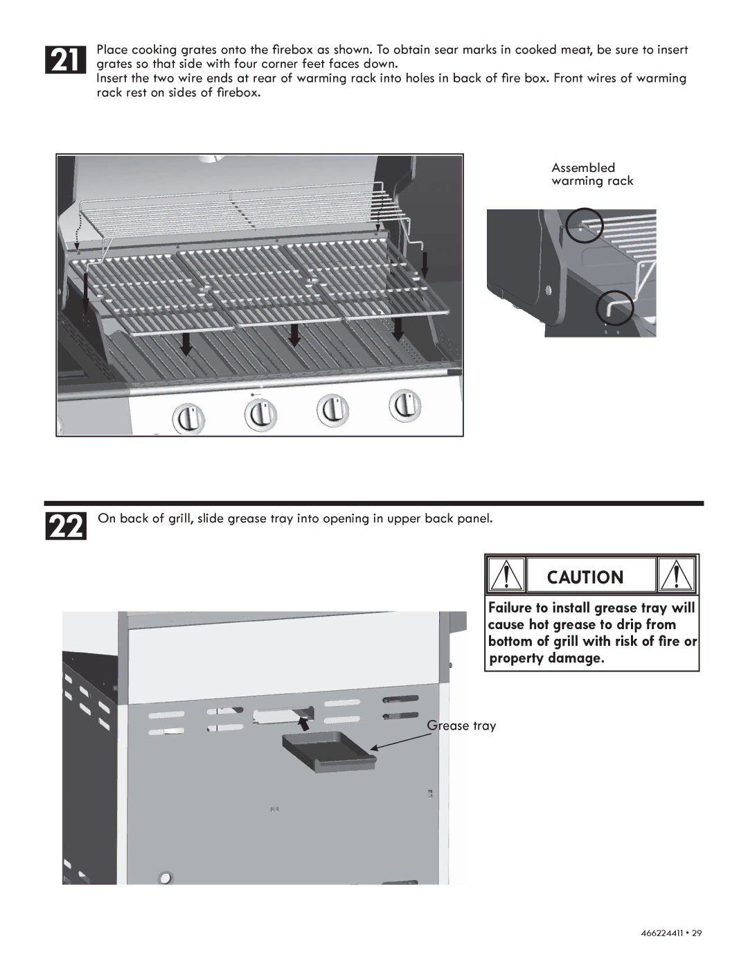 Kenmore 90113 manual Grease tray, Grates so that side with four corner feet faces down 