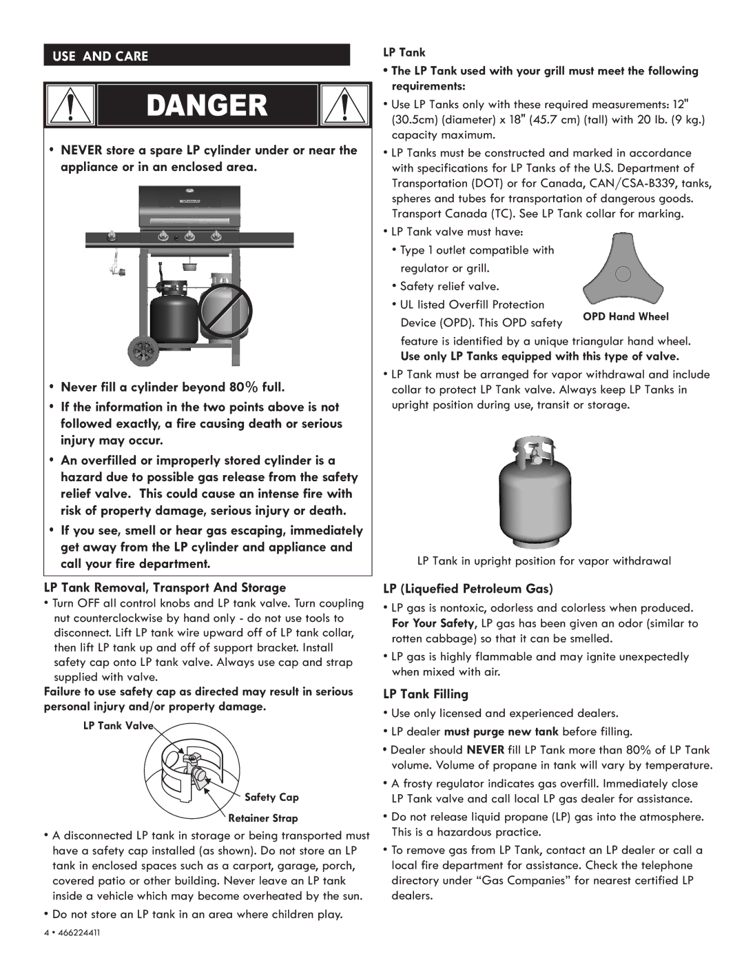 Kenmore 90113 manual LP Liquefied Petroleum Gas, LP Tank Filling, Personal injury and/or property damage 