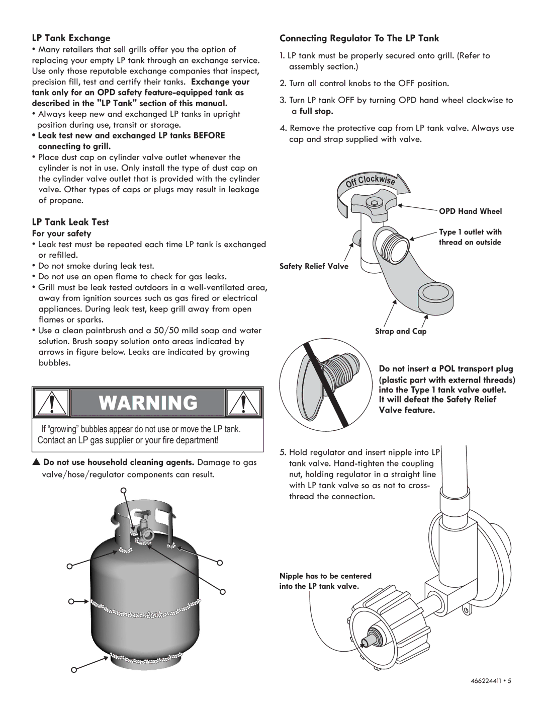 Kenmore 90113 manual LP Tank Exchange, LP Tank Leak Test, Connecting Regulator To The LP Tank, For your safety 