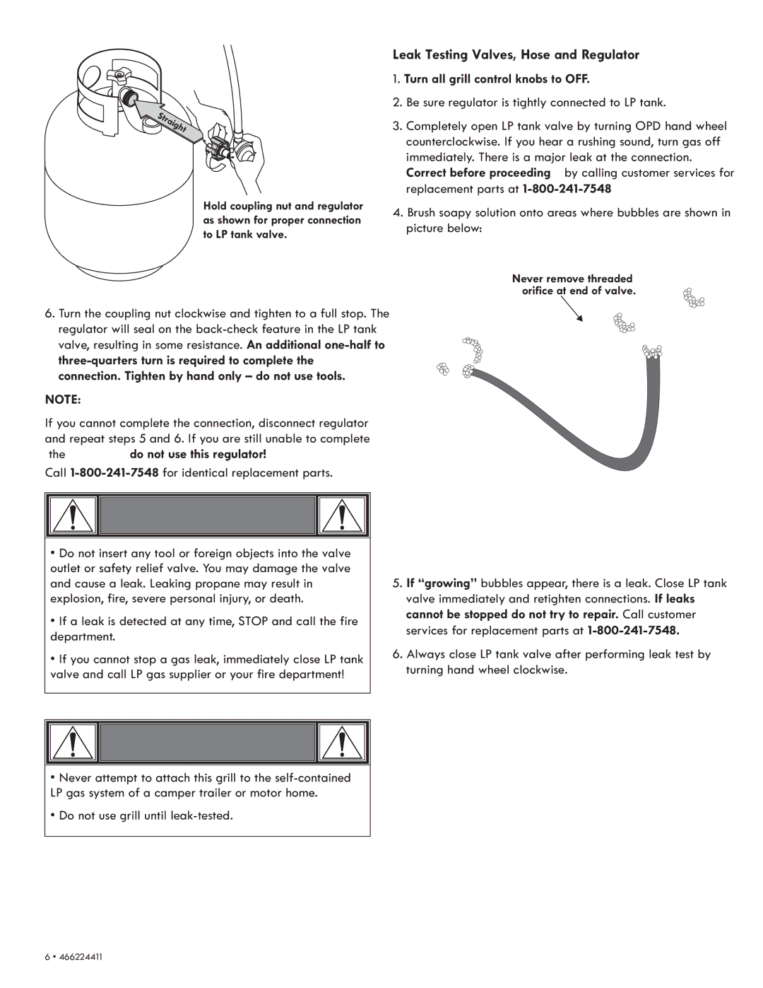 Kenmore 90113 manual Leak Testing Valves, Hose and Regulator, Turn all grill control knobs to OFF 