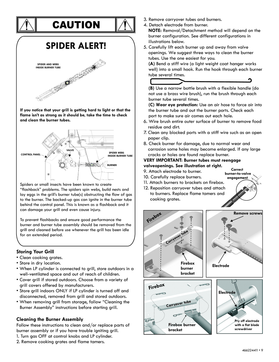 Kenmore 90113 manual Storing Your Grill, Cleaning the Burner Assembly, Firebox, Carefully replace burners 