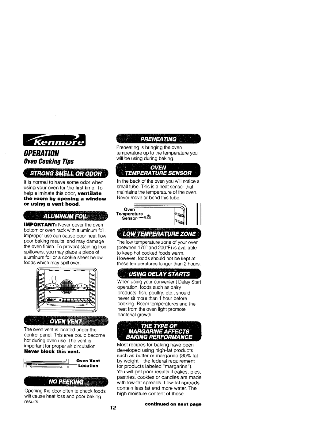 Kenmore 911.41789 OvenCookingTips, Room by opening a window or using a vent hood, Never block this vent, Temperatureov 