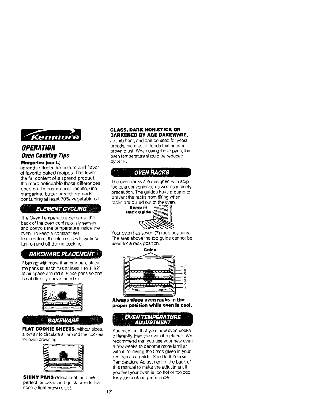 Kenmore 911.41785, 911.41789 owner manual Oven Cooking Tips, Margarine, GLASS, Dark NON-STICK or Darkened by AGE Bakeware 