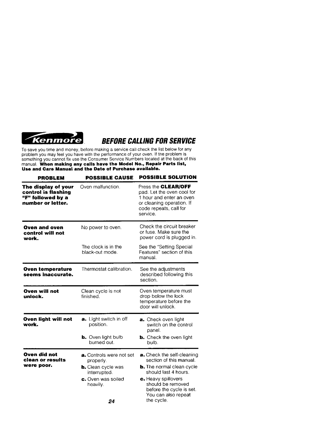 Kenmore 911.41789 Beforecallingforservice, Problem, Possible Cause, Possible Solution, Oven temperature seems inaccurate 