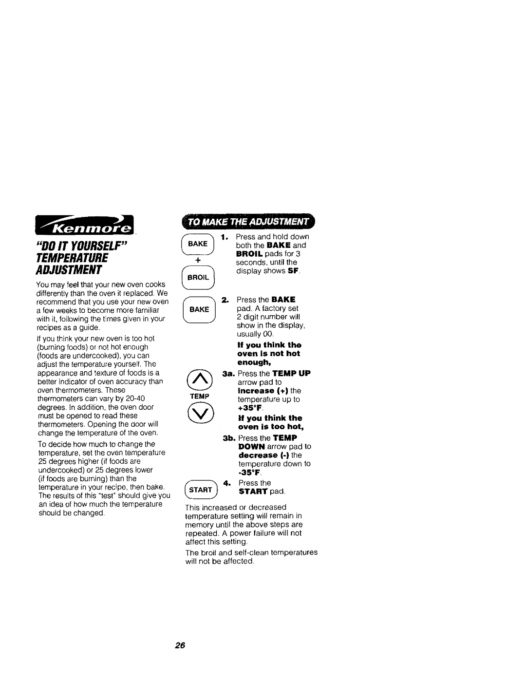 Kenmore 911.41789, 911.41785 owner manual Do IT Yourself Temperature Adjustment, Start 