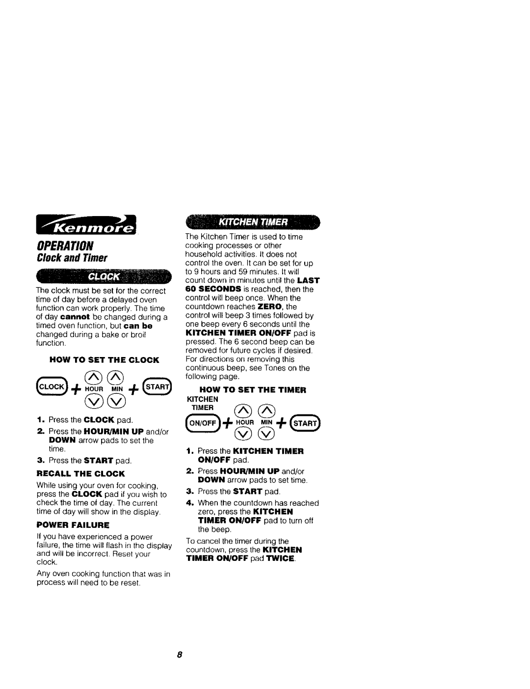 Kenmore 911.41789 Clockand Timer, HOW to SET the Clock, Recall the Clock, Power Failure, HOW to SET the Timer Kitchen 