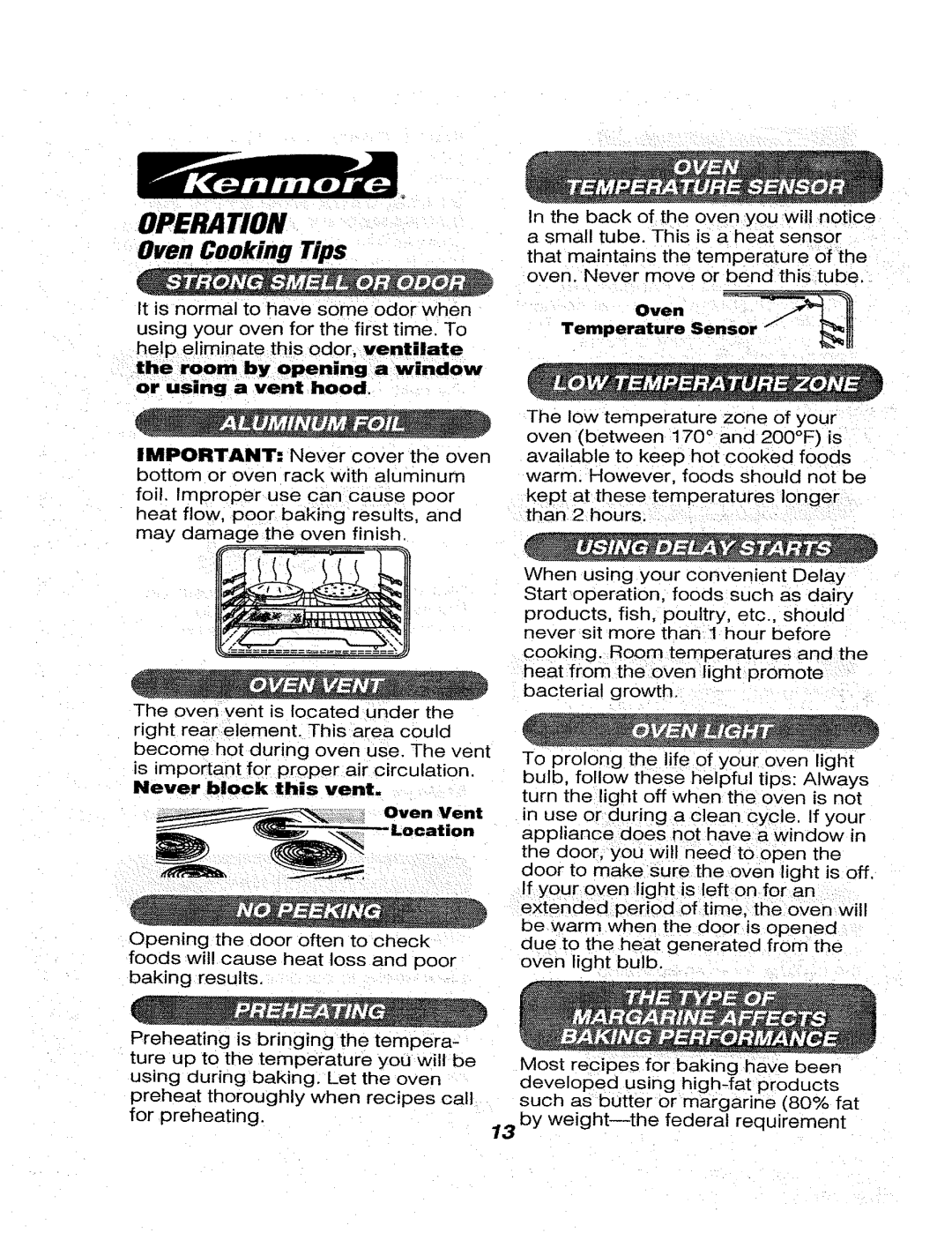 Kenmore 911.46565, 911.46566, 911.46569 Or using a vent hood, Never block this vent Oven Vent, Temperatureo Se .o 