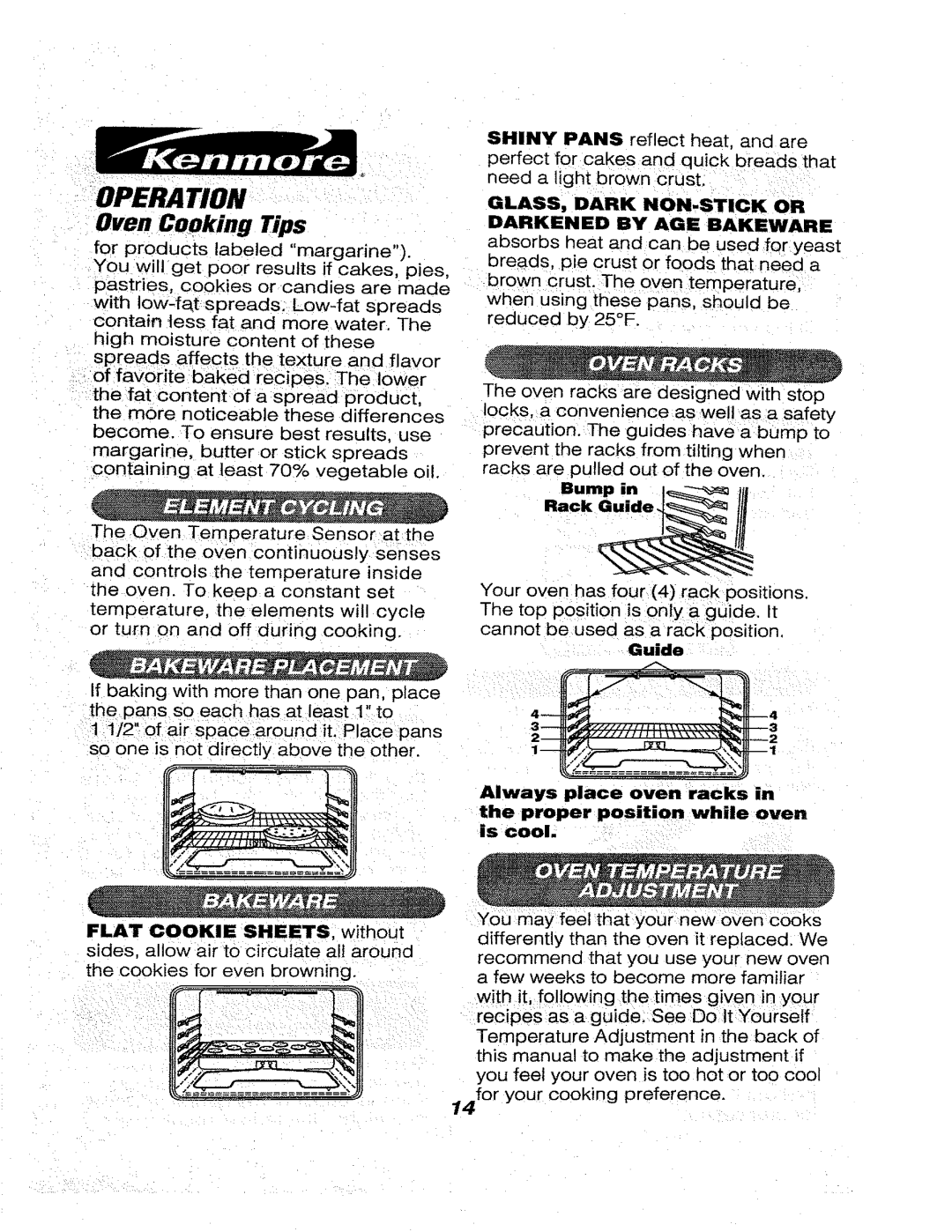 Kenmore 911.46569, 911.46566, 911.46565 Oven Cooking Tips, GLASS, Dark NON,STICK or Darkened by AGE Bakeware, Rack Guide 